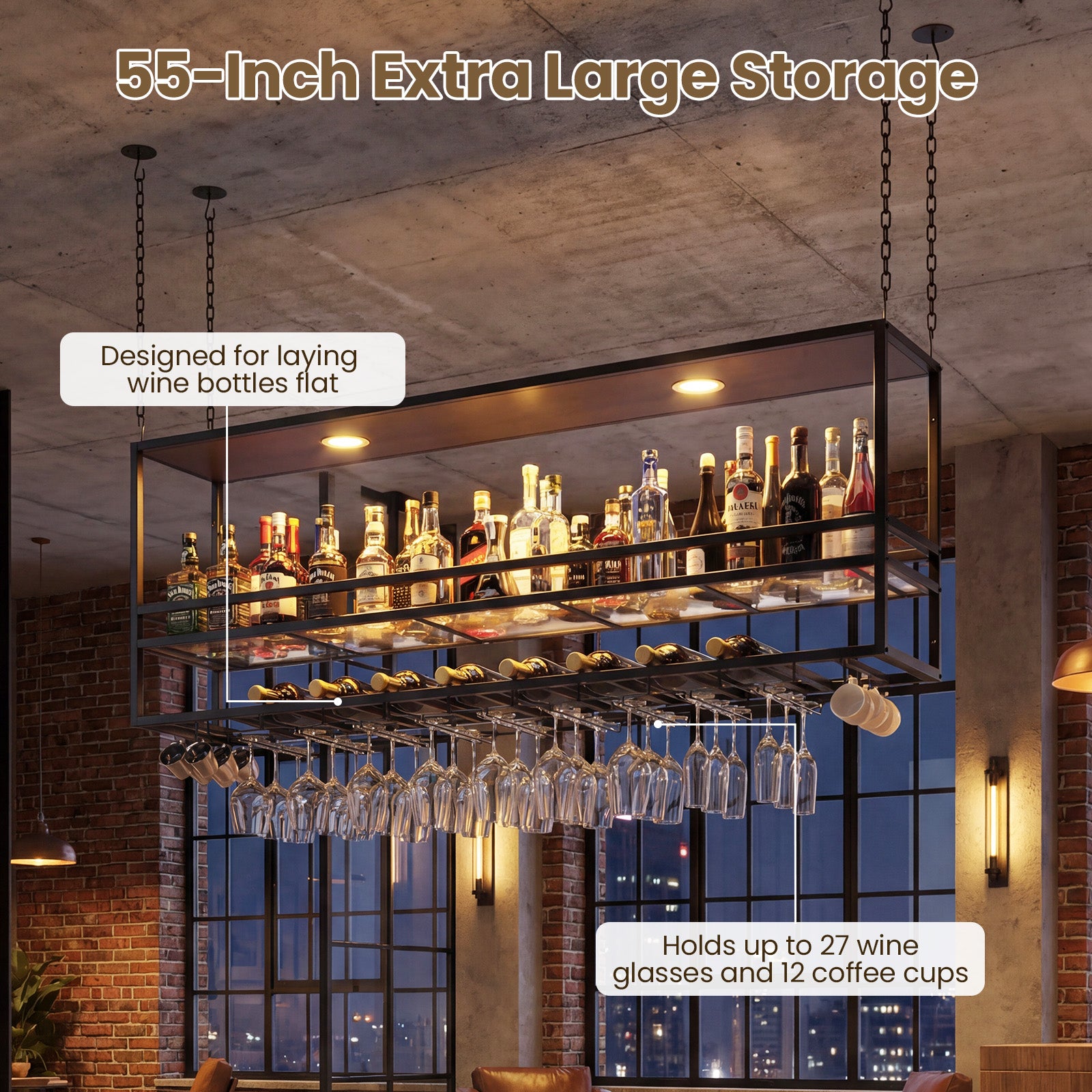 Advwin 55" Industrial Ceiling Wine Glass Rack with LED