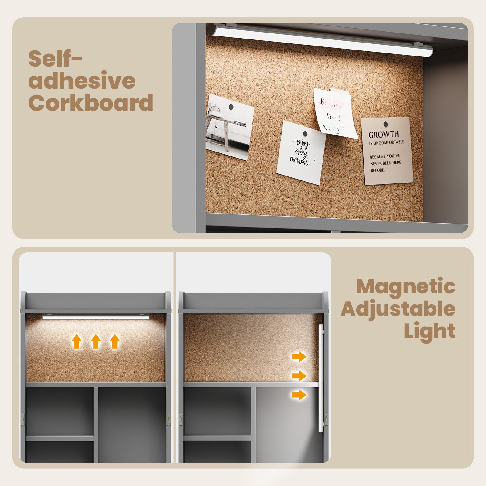 Collage of a self-adhesive corkboard with magnetic adjustable light feature.