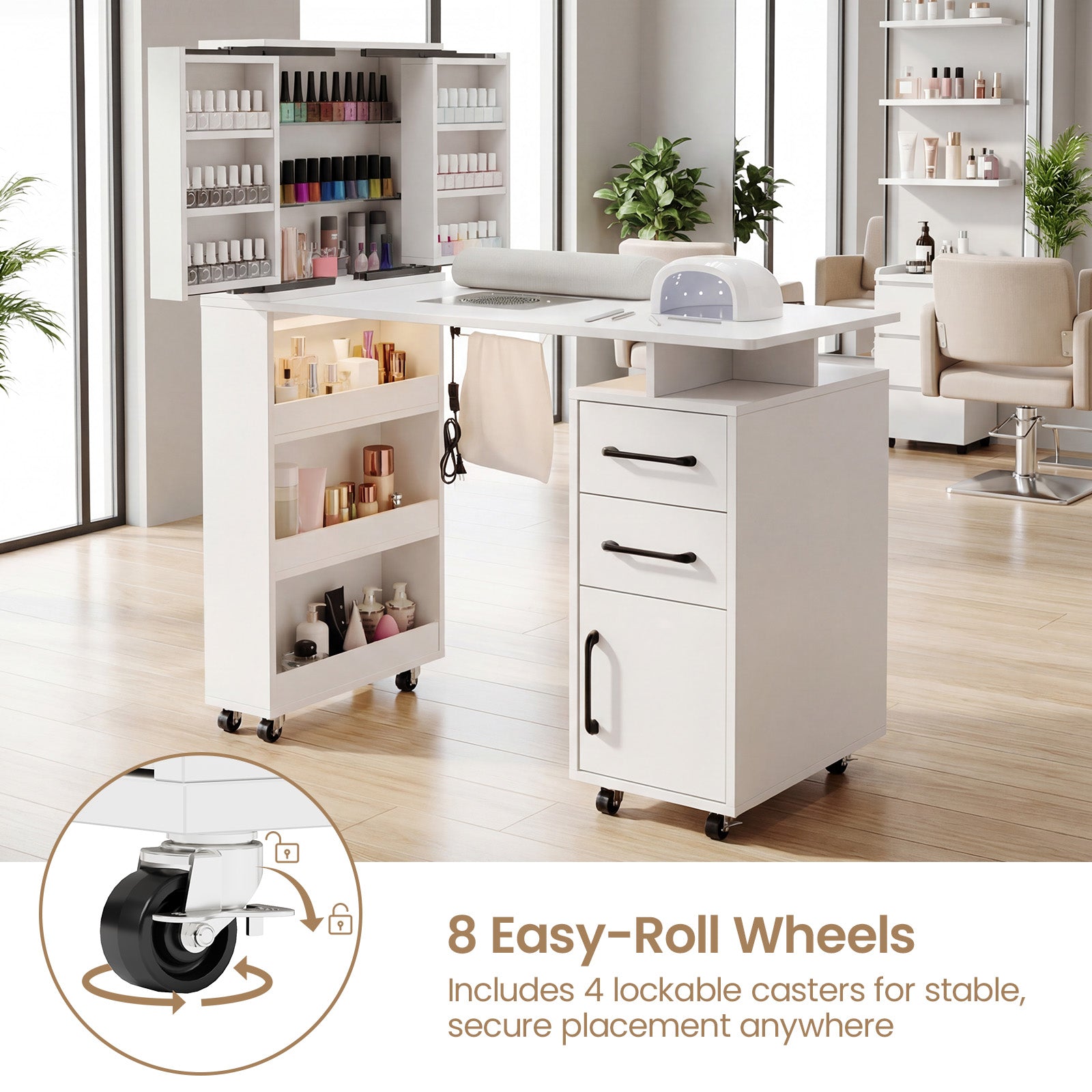 Advwin Manicure Table with Extendable Polish Cabinet