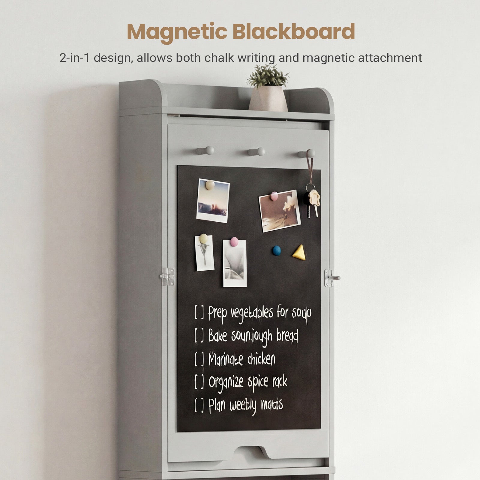 Magnetic blackboard attached to a refrigerator with notes and photos.