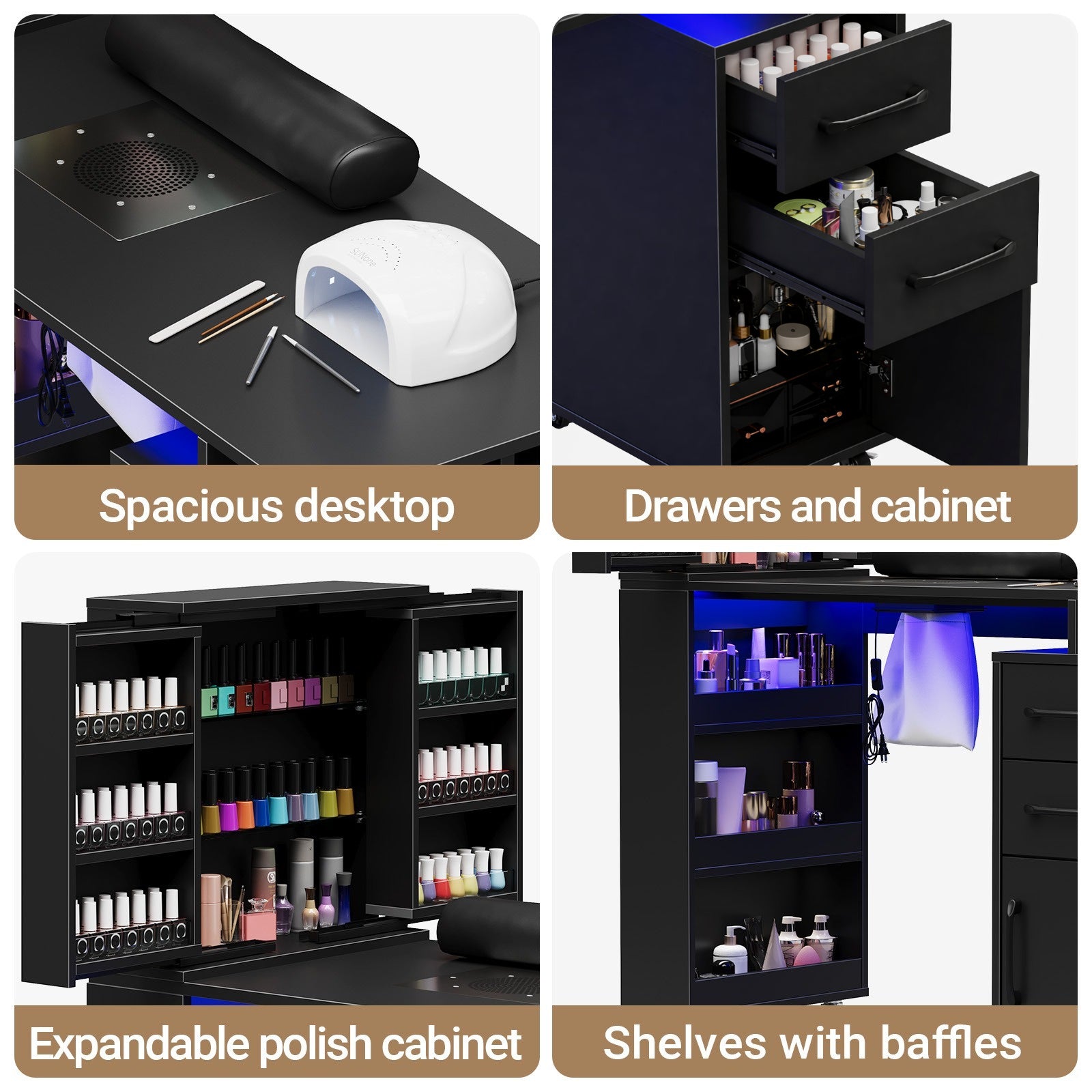 Advwin Manicure Table with Extendable Polish Cabinet