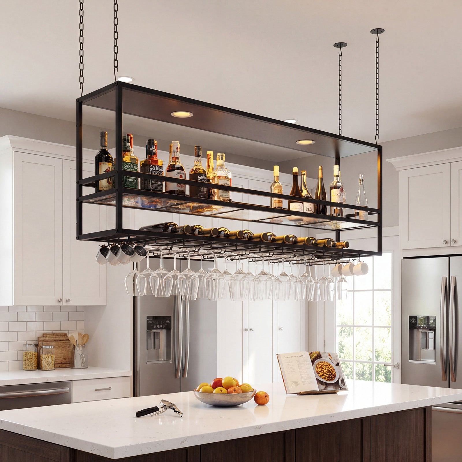 Advwin 55" Industrial Ceiling Wine Glass Rack with LED
