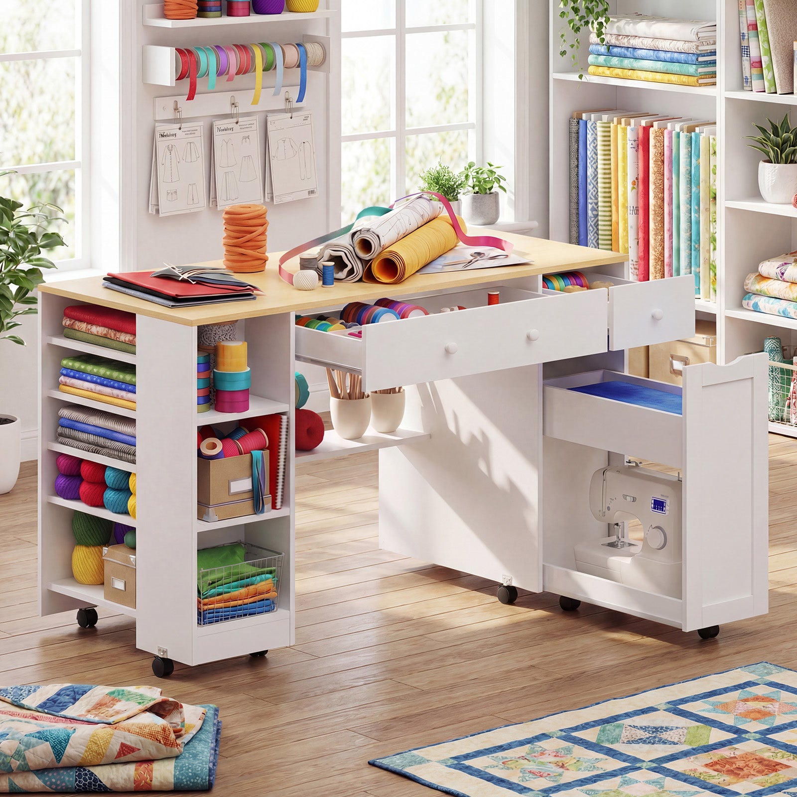 Advwin Rolling Craft Table w/ Adjustable Shelves