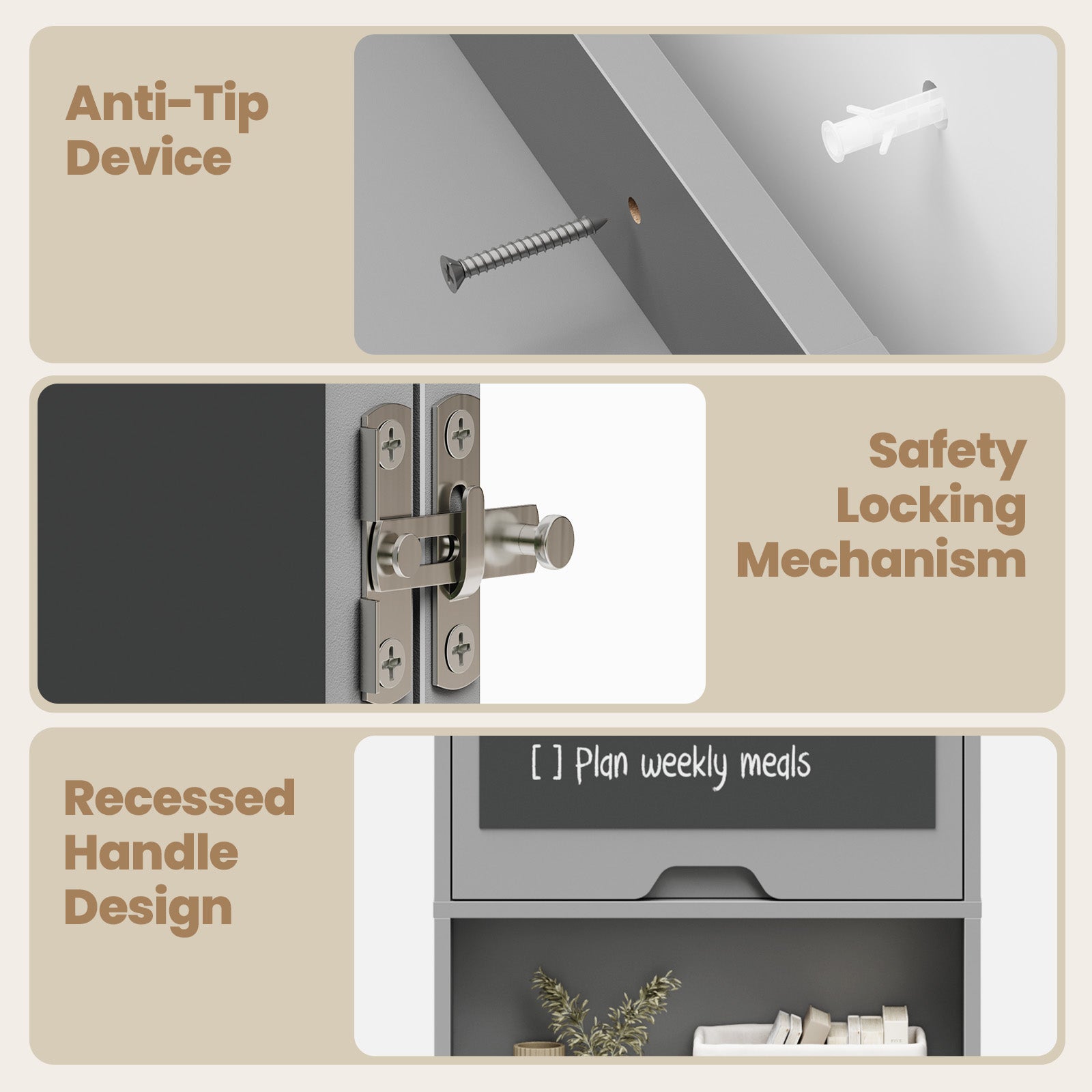 Diagram of a kitchen cabinet with anti-tip device, safety locking mechanism, and recessed handle design.