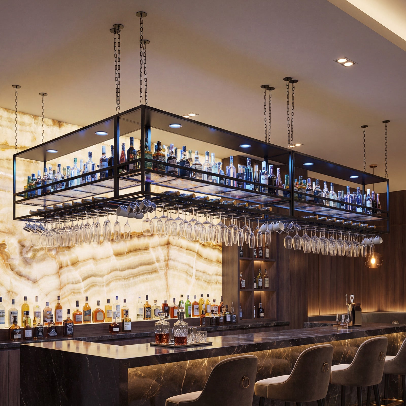 Advwin 55" Industrial Ceiling Wine Glass Rack with LED