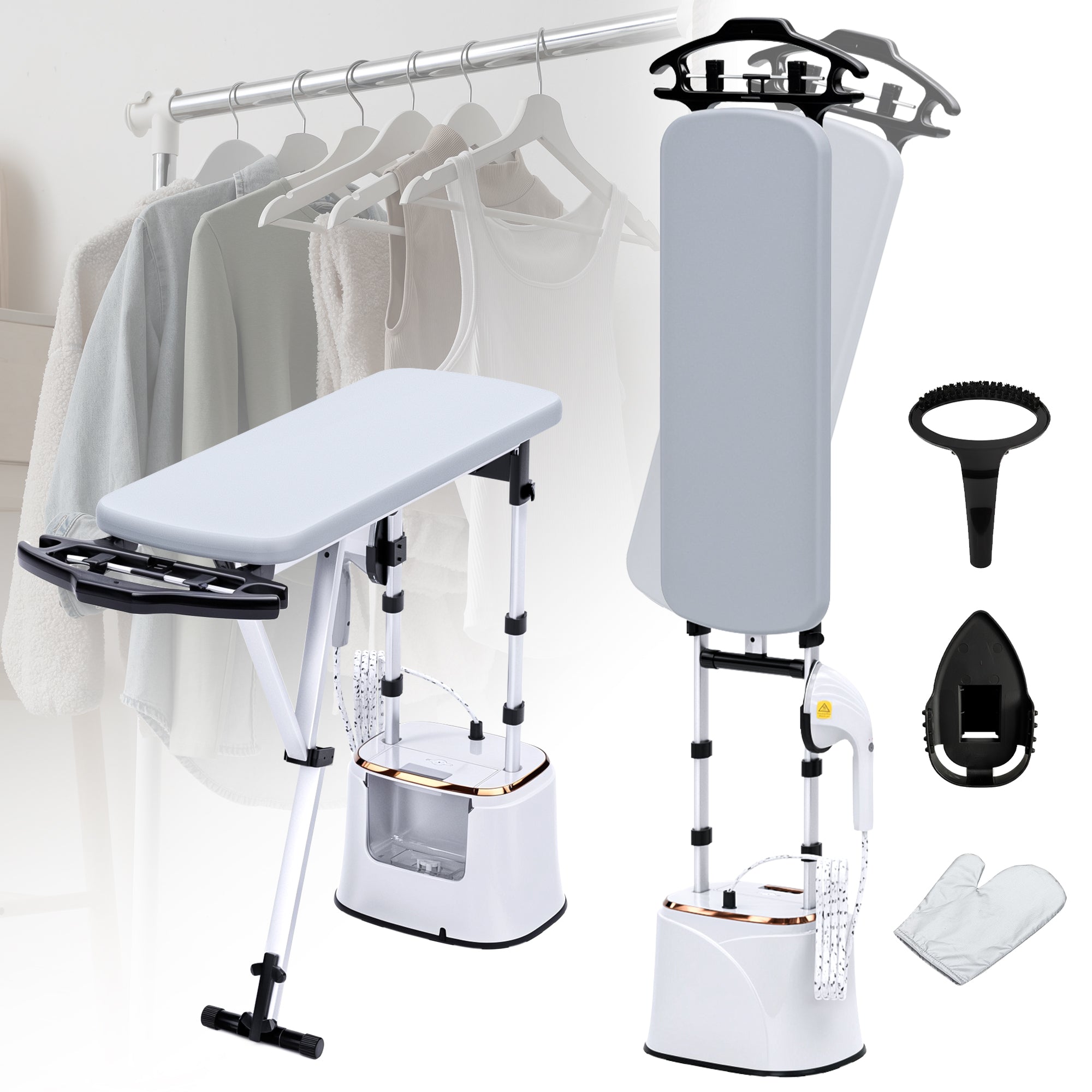 Portable ironing board with accessories on a white background