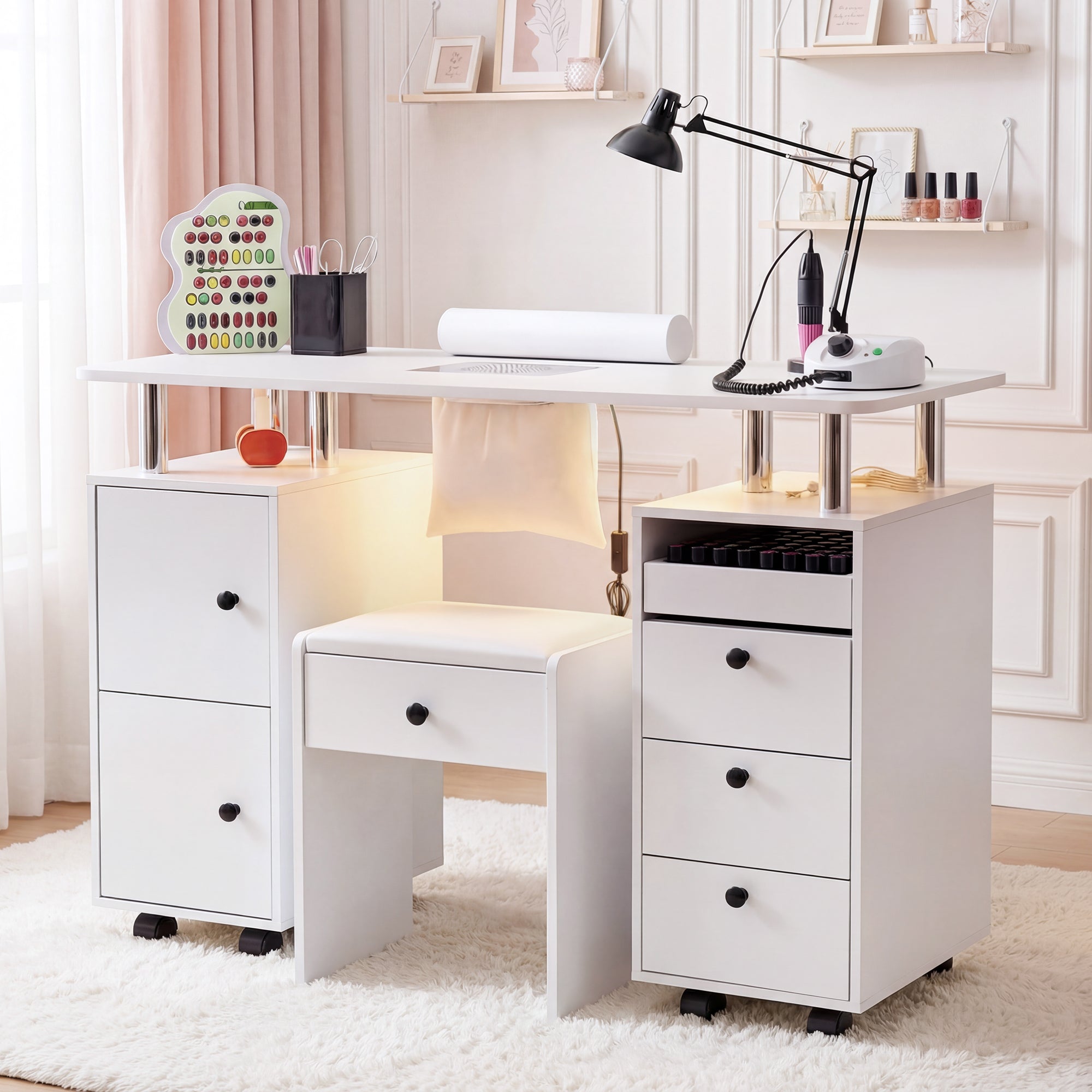 Advwin Nail Desk & Storage Stool Set for Nail Tech