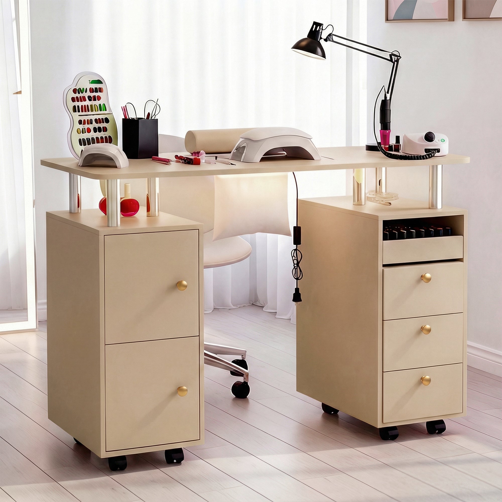 Advwin Nail Table w/ Dust Collector & Lockable Wheels Gold