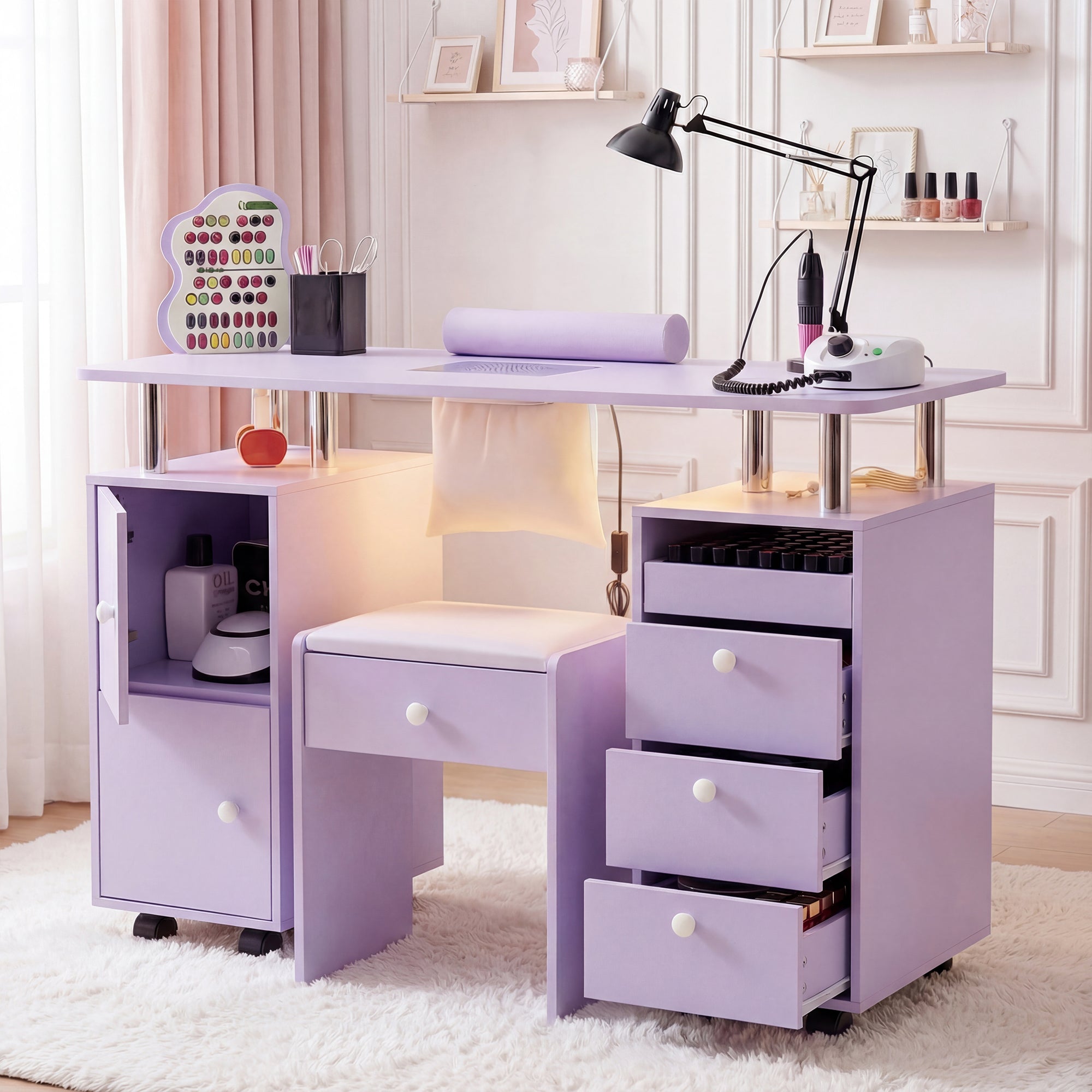 Advwin Nail Desk & Storage Stool Set for Nail Tech