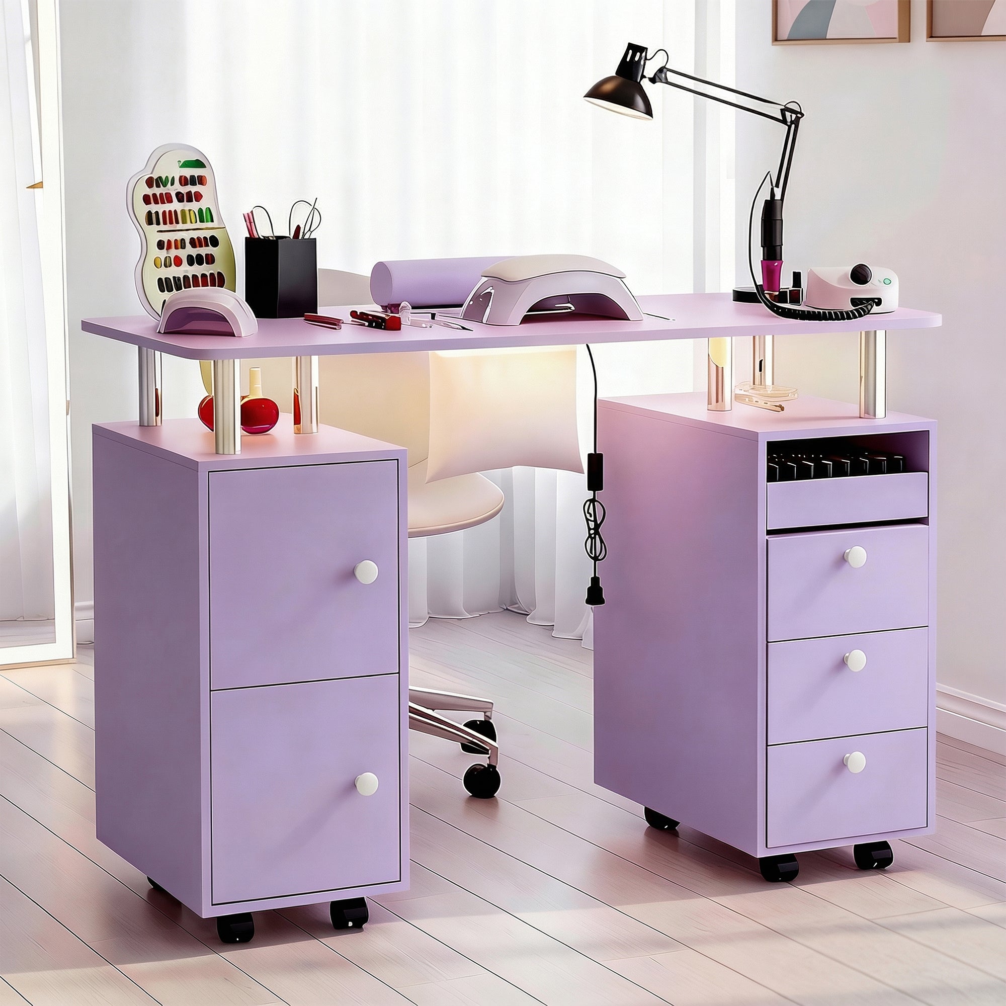 Advwin Nail Table w/ Dust Collector & Lockable Wheels Purple