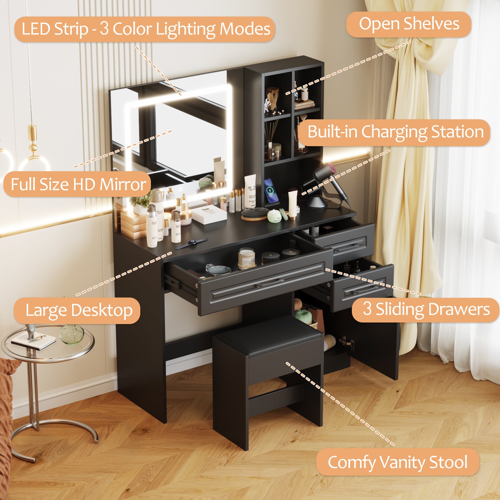 Advwin desk for makeup with Led lighting modes