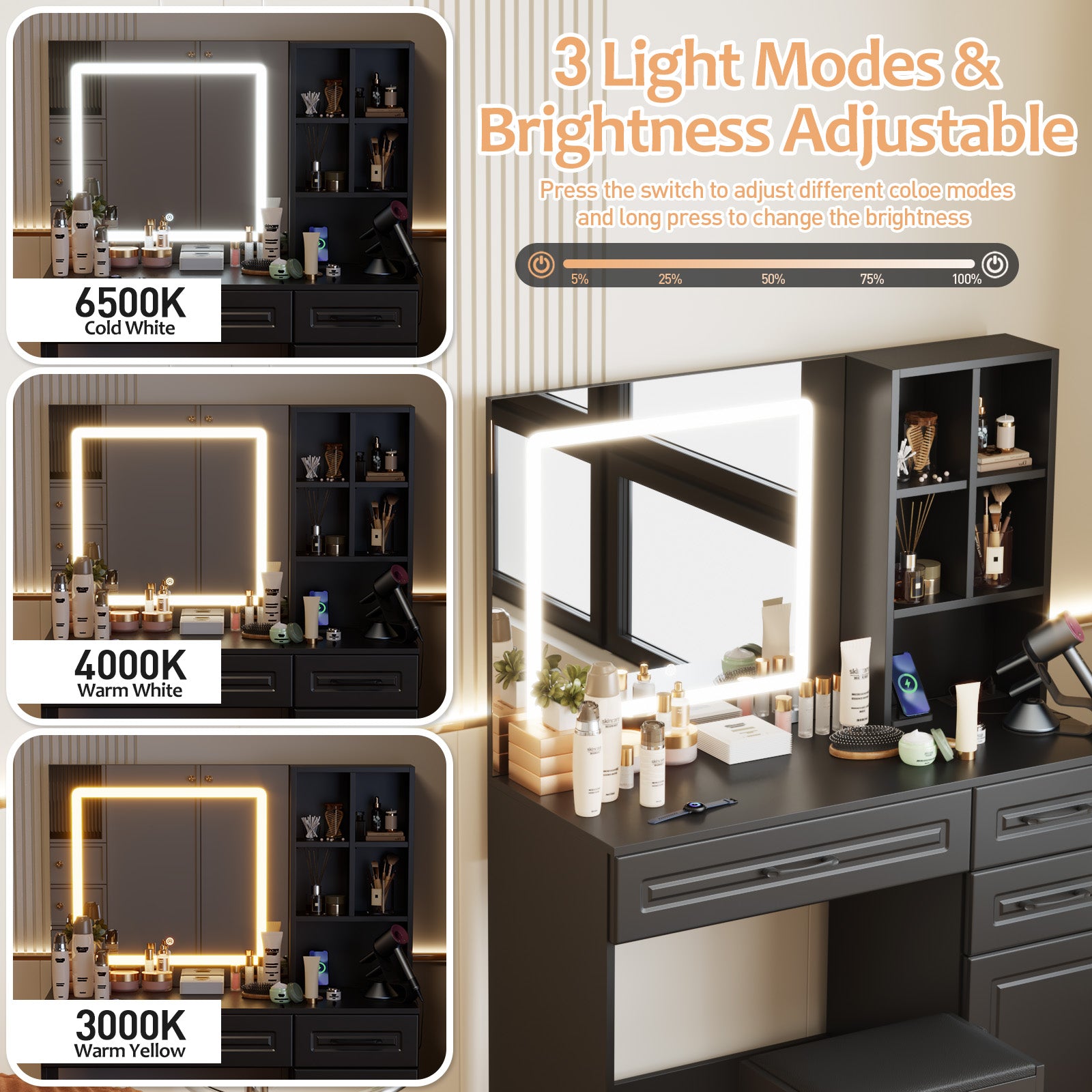 Advwin makeup table with lighted mirror 3 light modes brightness adjustable