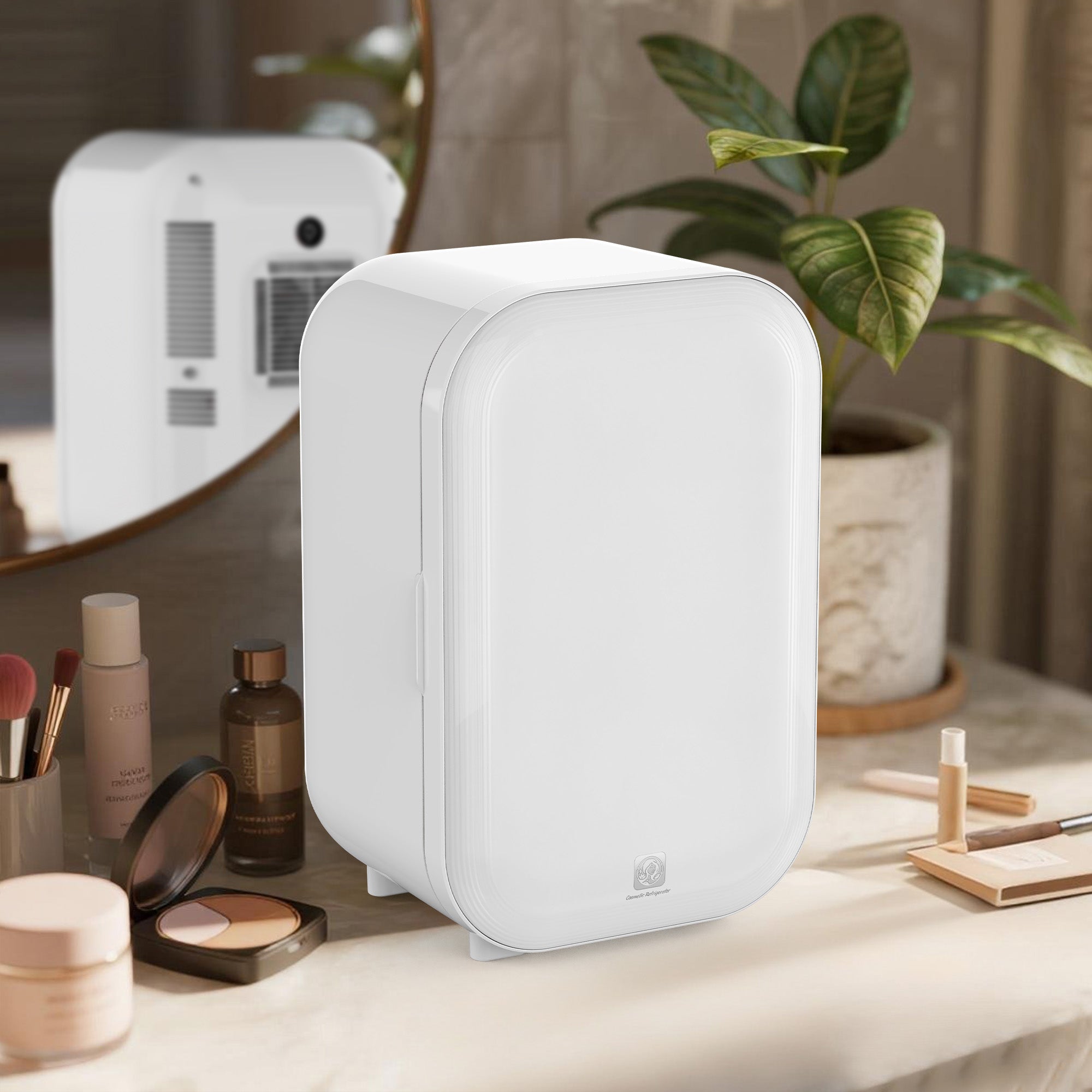 White electronic device on a vanity table with makeup items and a plant in the background