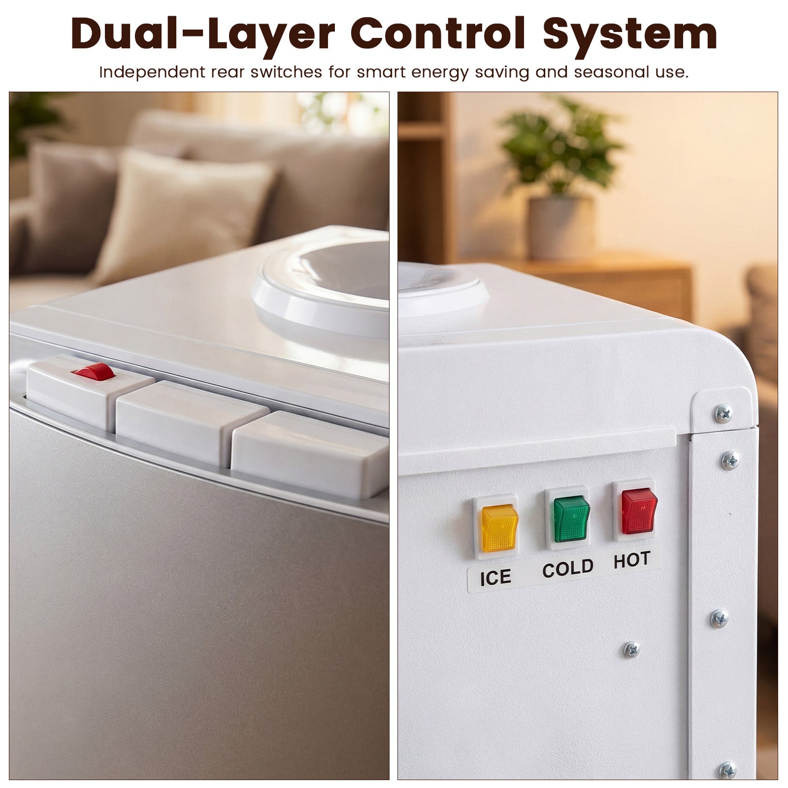 Dual-layer control system with independent rear switches for smart energy saving and seasonal use.