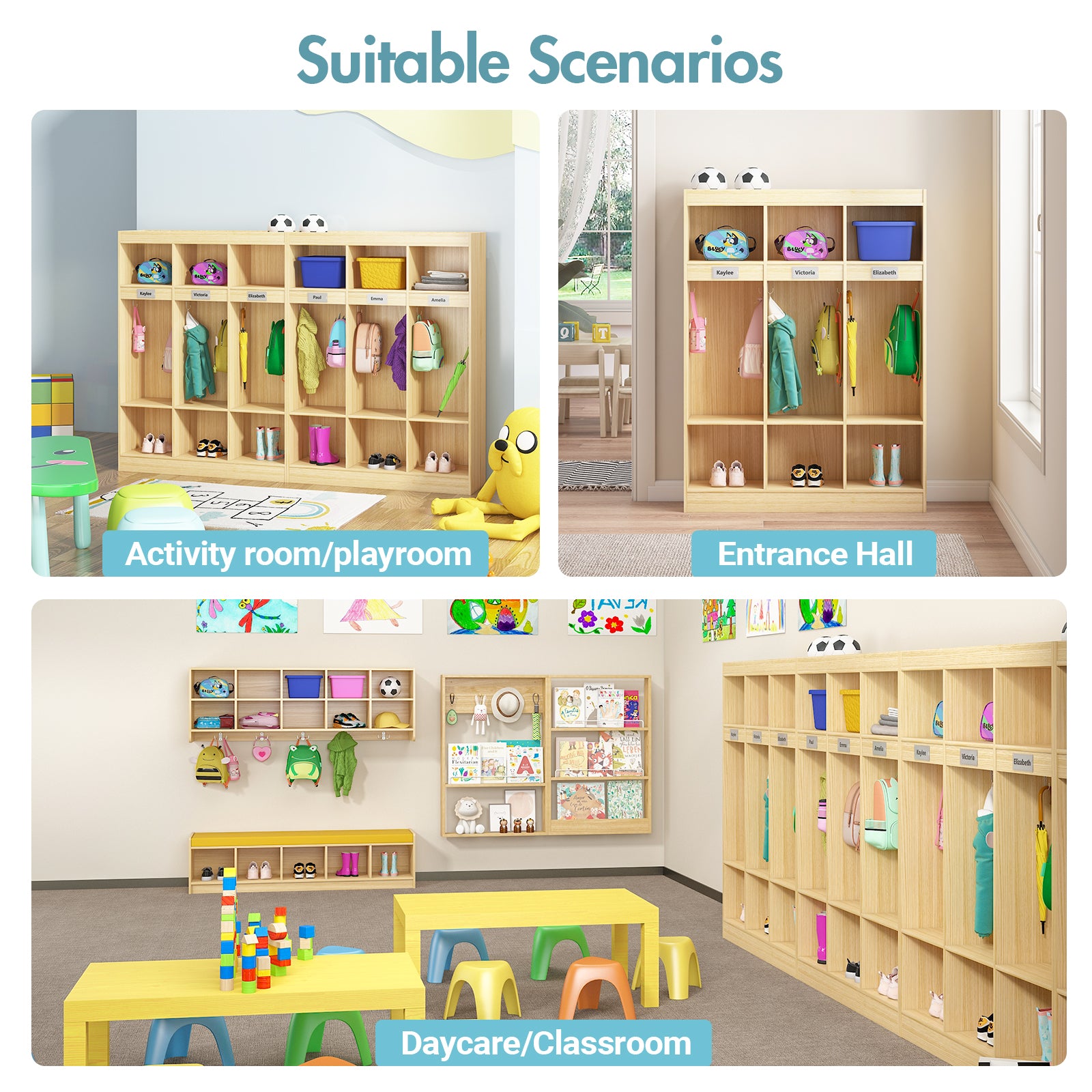Wooden lockers in various settings including an activity room, entrance hall, and daycare classroom.