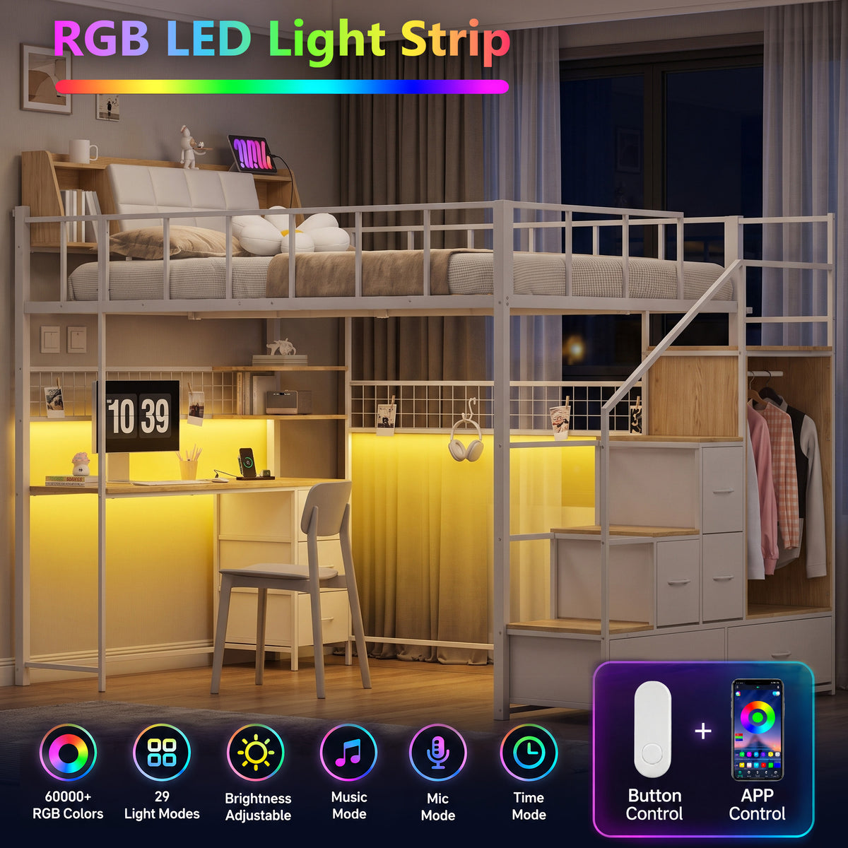 Advwin Loft Bed with Storage Headboard & Power Outlets