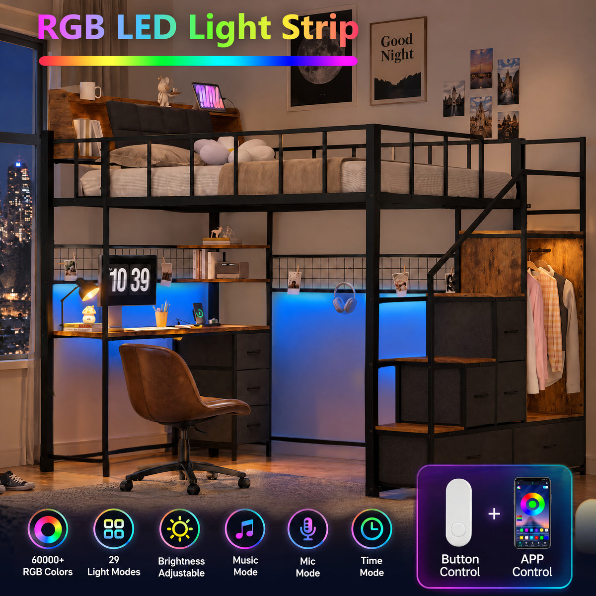 Advwin Loft Bed with Storage Headboard & Power Outlets