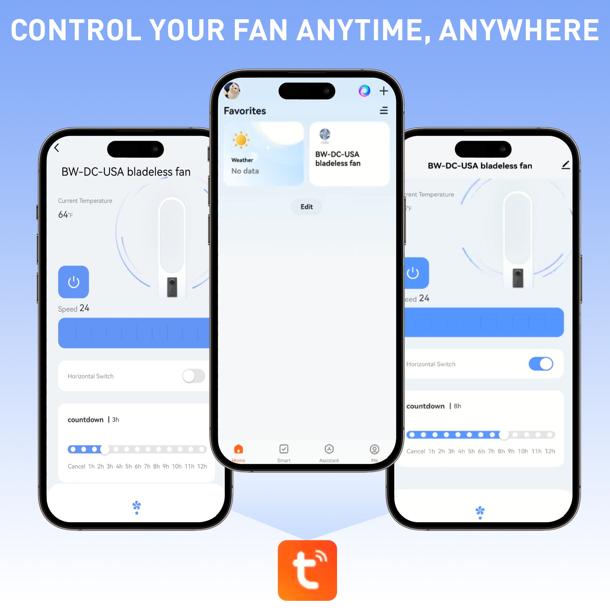 Three smartphone screens displaying a fan control app with a blue gradient background and Tado logo.
