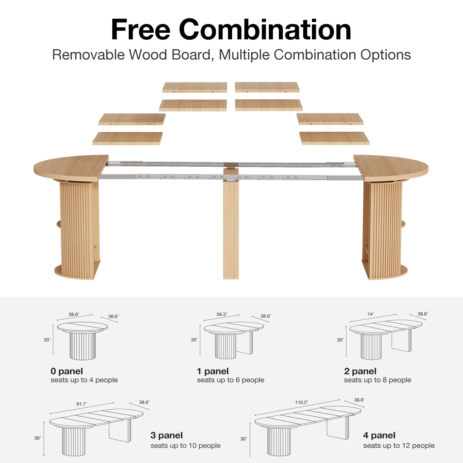 Dining table with removable wood boards and combination options diagram on a white background