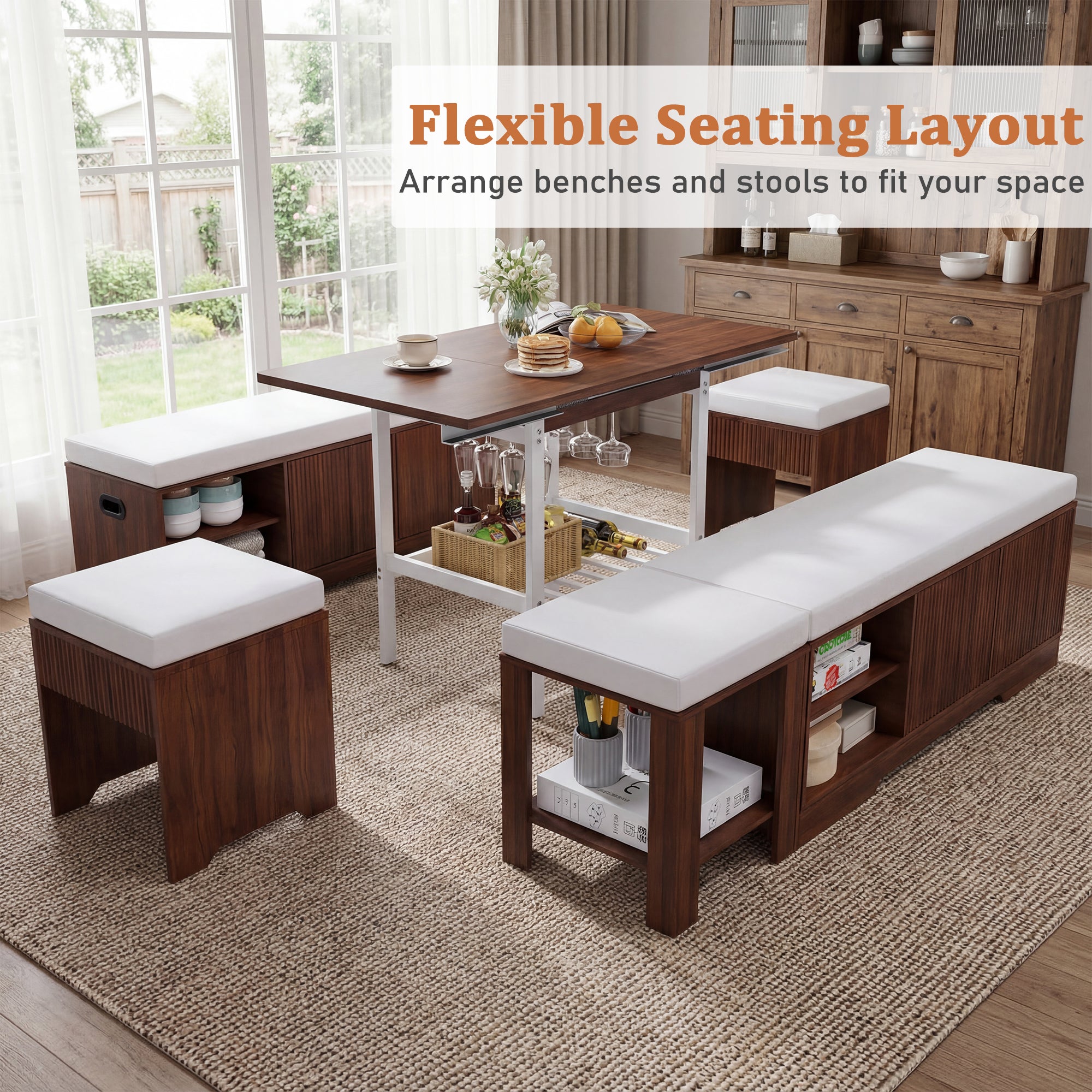 Wooden benches and stools arranged in a flexible seating layout with a dining table.
