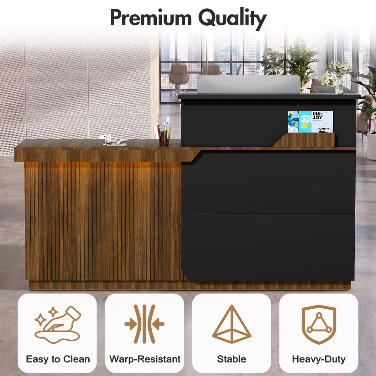 Advwin L-Shape Fluted Reception Desk w/ Counter & LED