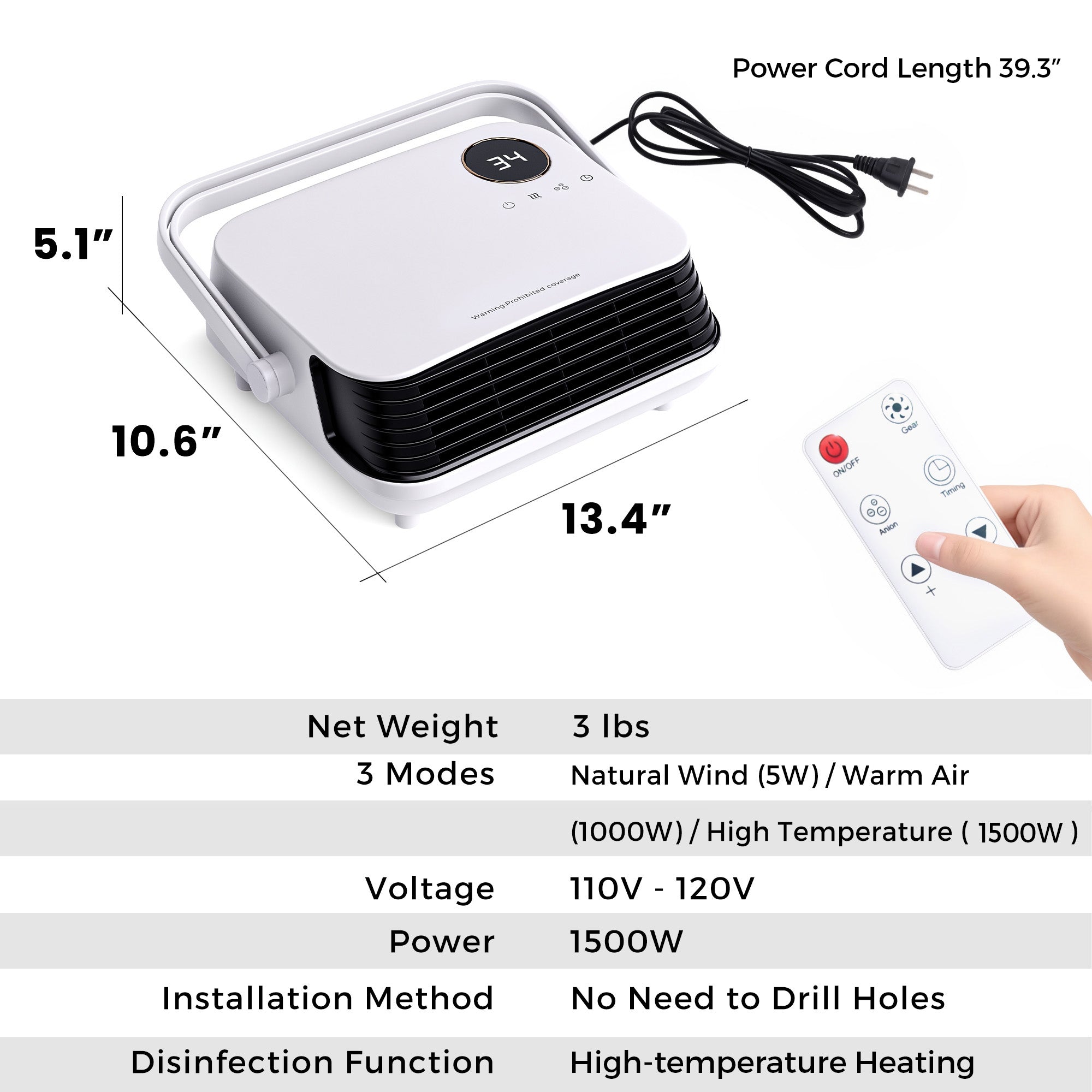 Portable heater with remote control, dimensions, and specifications on a white background