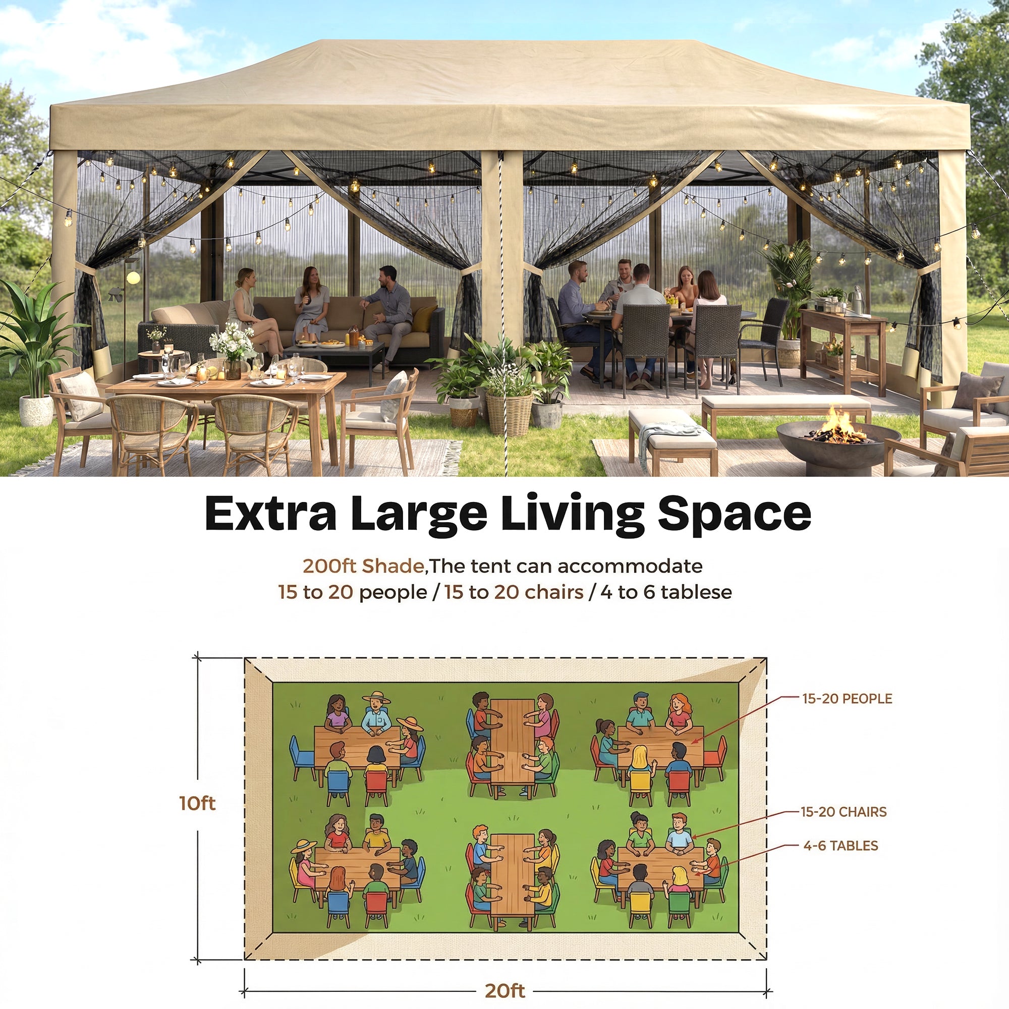 Outdoor gazebo with seating area and text about extra large living space