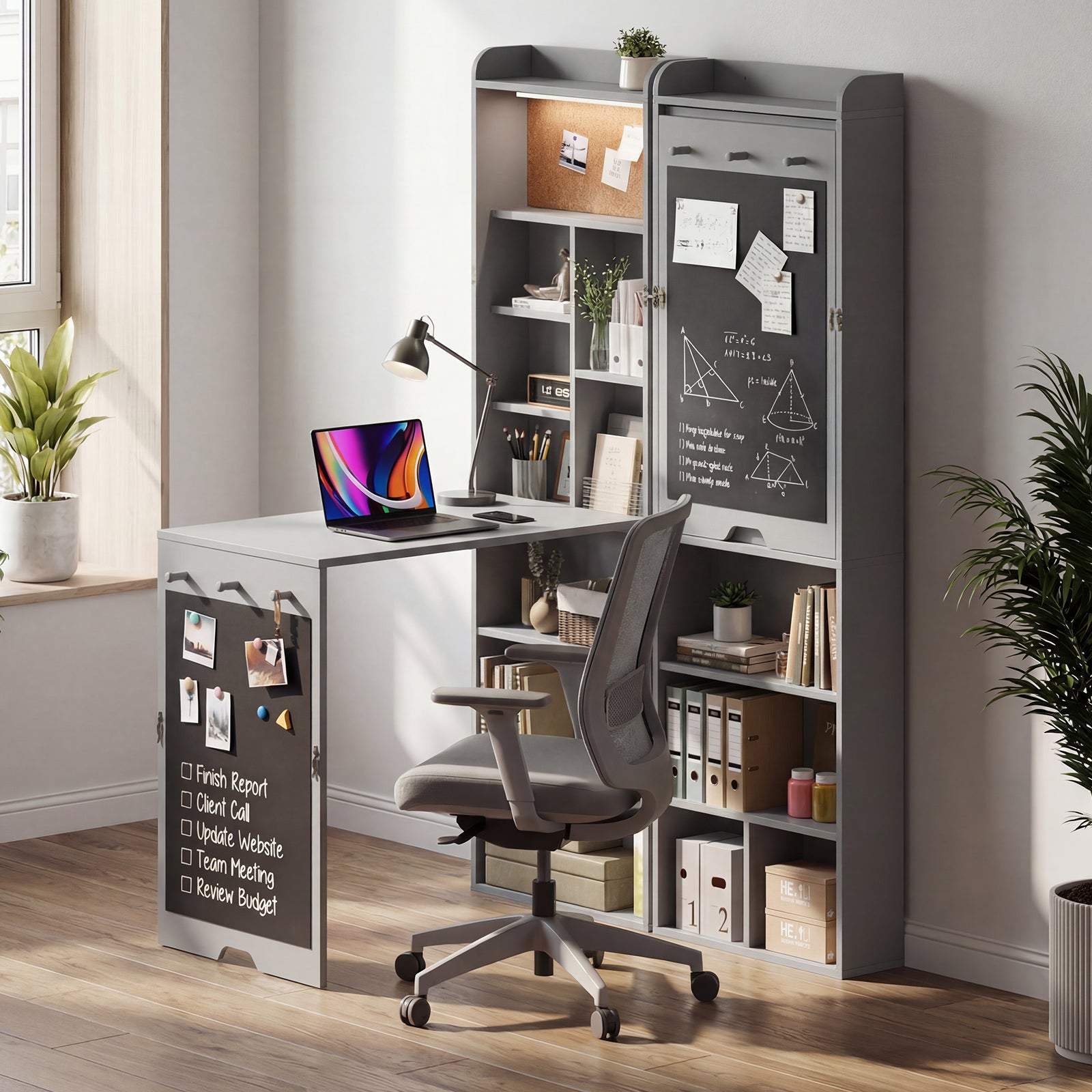 Modern office setup with a desk, chair, and bookshelf in a well-lit room.