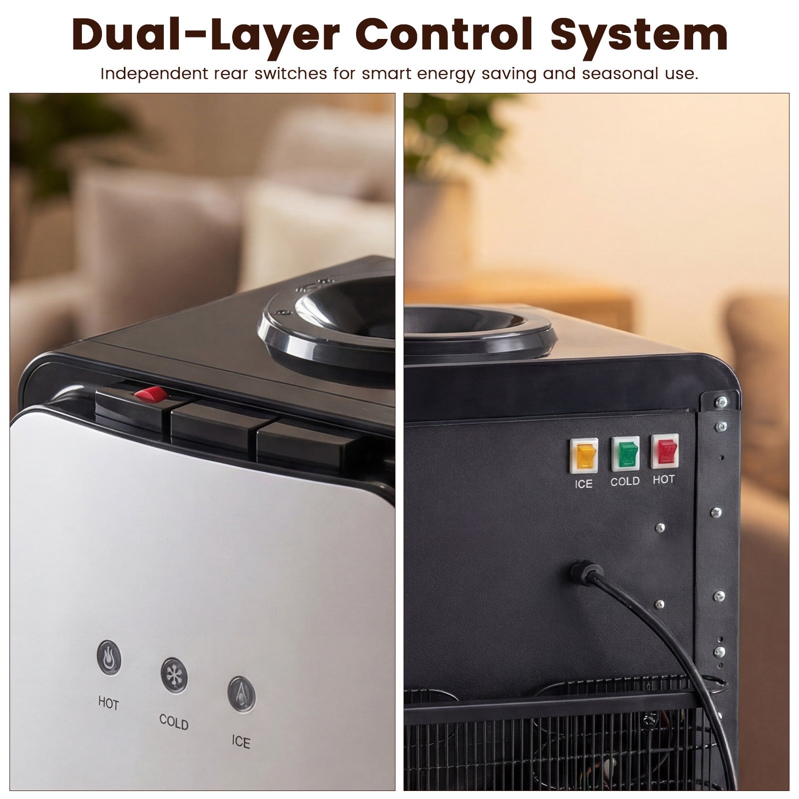 Dual-layer control system with independent rear switches for smart energy saving and seasonal use.