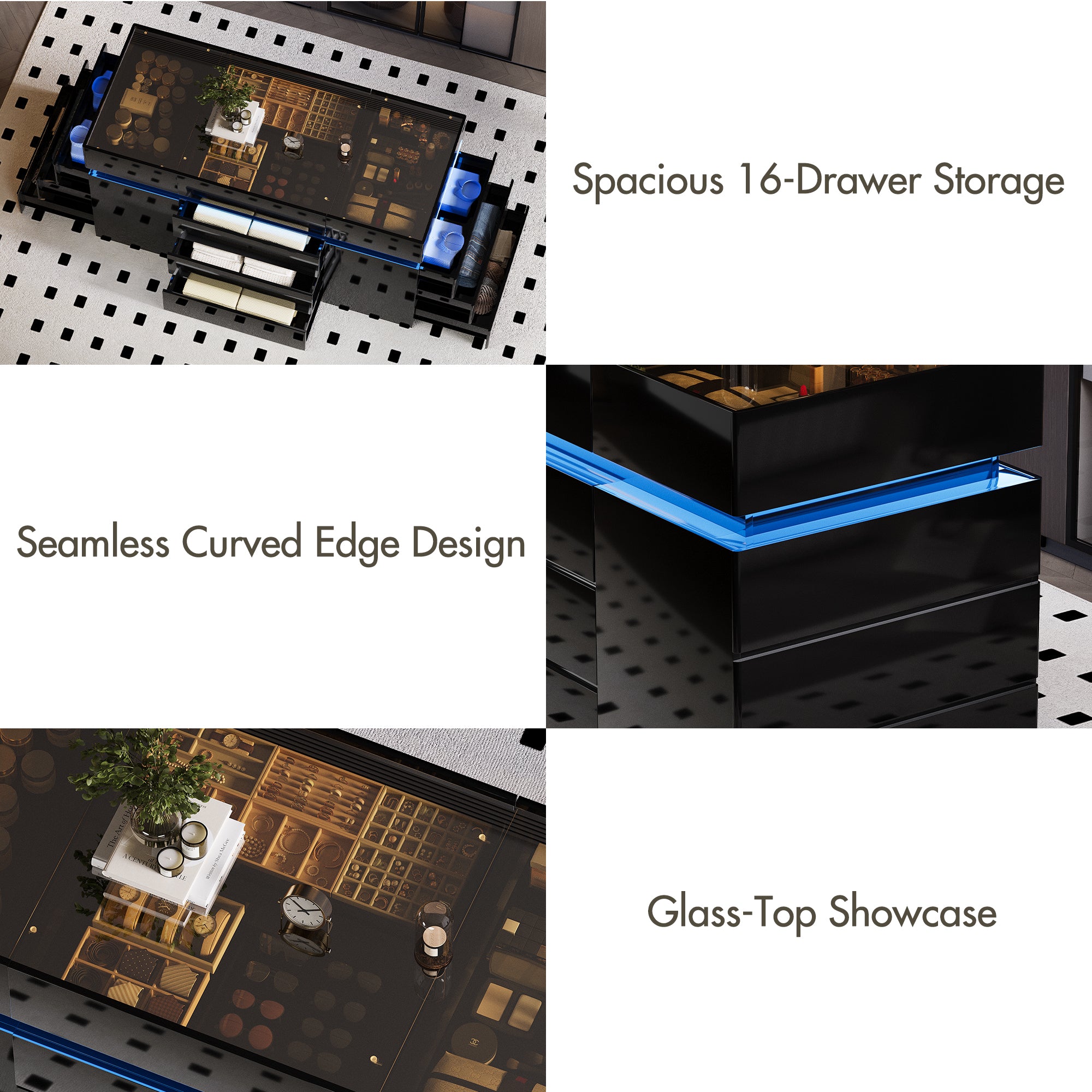 Product features including spacious 16-drawer storage, seamless curved edge design, and glass-top showcase.
