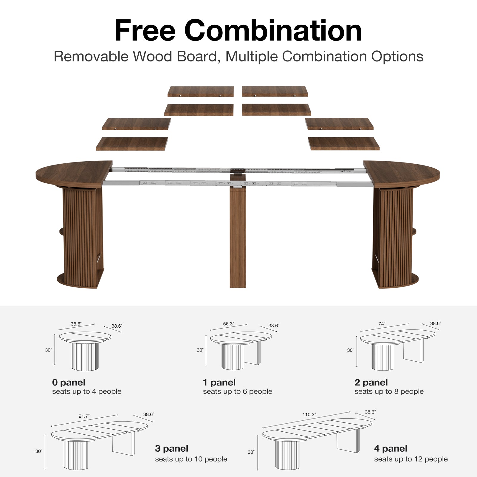 Dining table with removable wood panels and combination options diagram on a white background