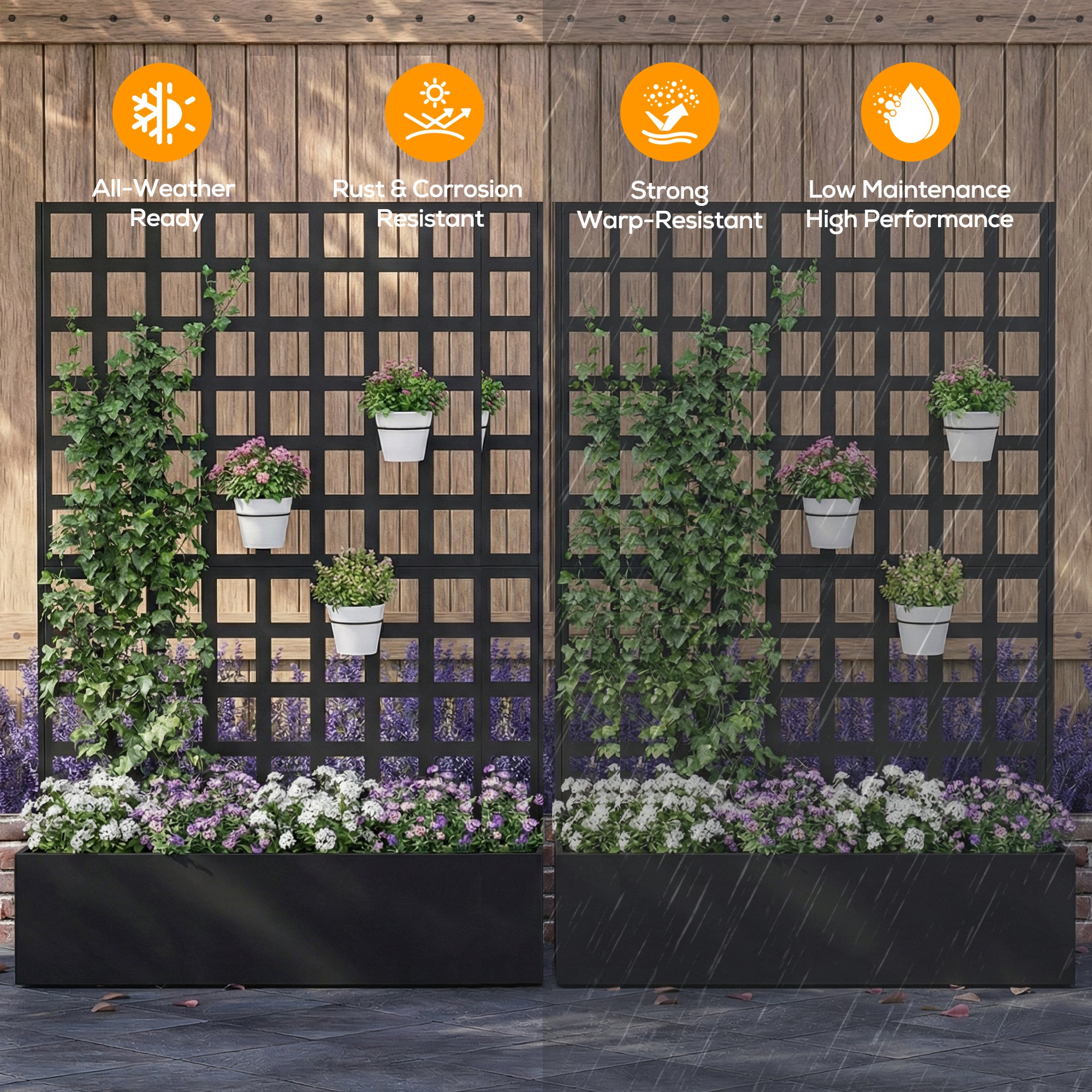 Two garden trellises with plants against a wooden background, highlighting features like all-weather readiness and rust resistance.