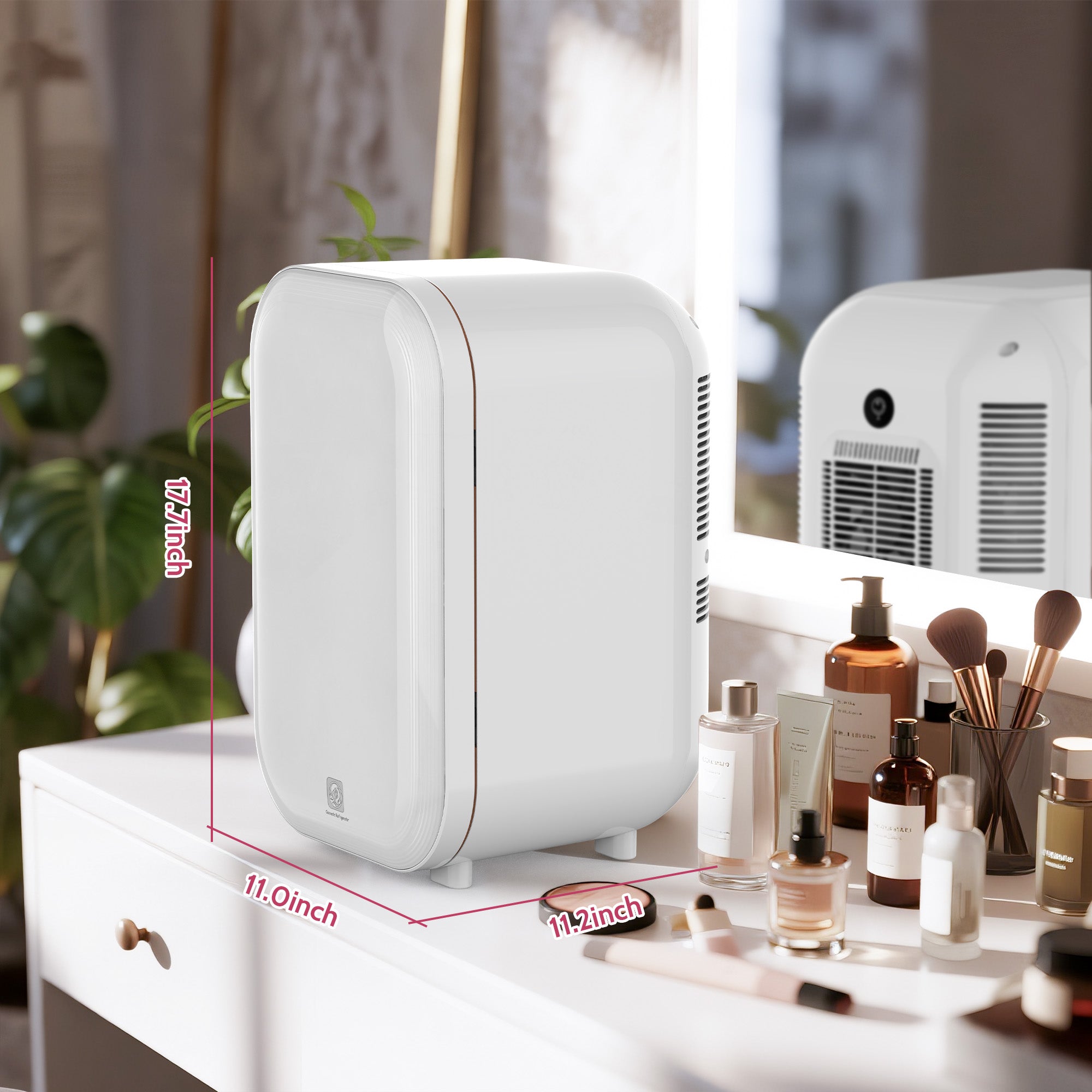 White air purifier on a vanity table with cosmetic products and measurements indicated.