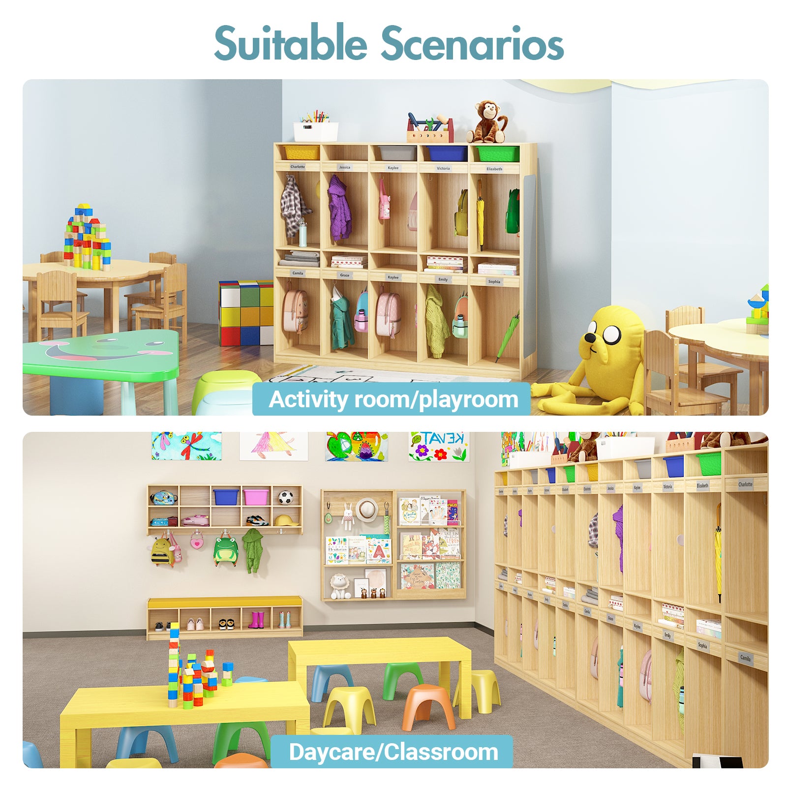 Children's playroom with shelves, tables, and toys suitable for activity rooms or classrooms.