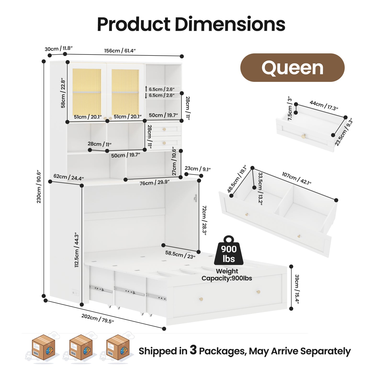 Advwin Murphy Bed w/ Large Storage & LED Light