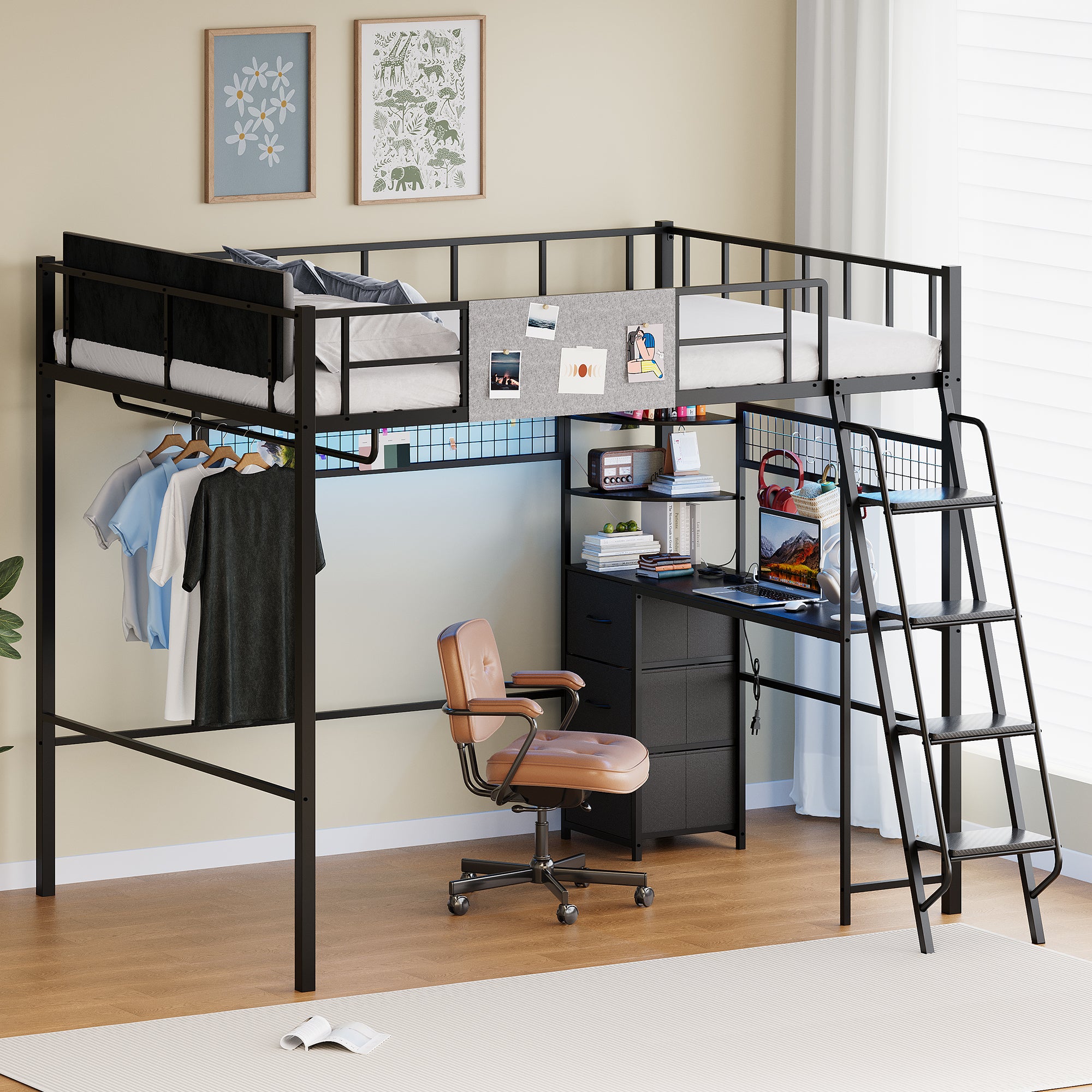Loft bed with desk and chair in a room with framed pictures on the wall.