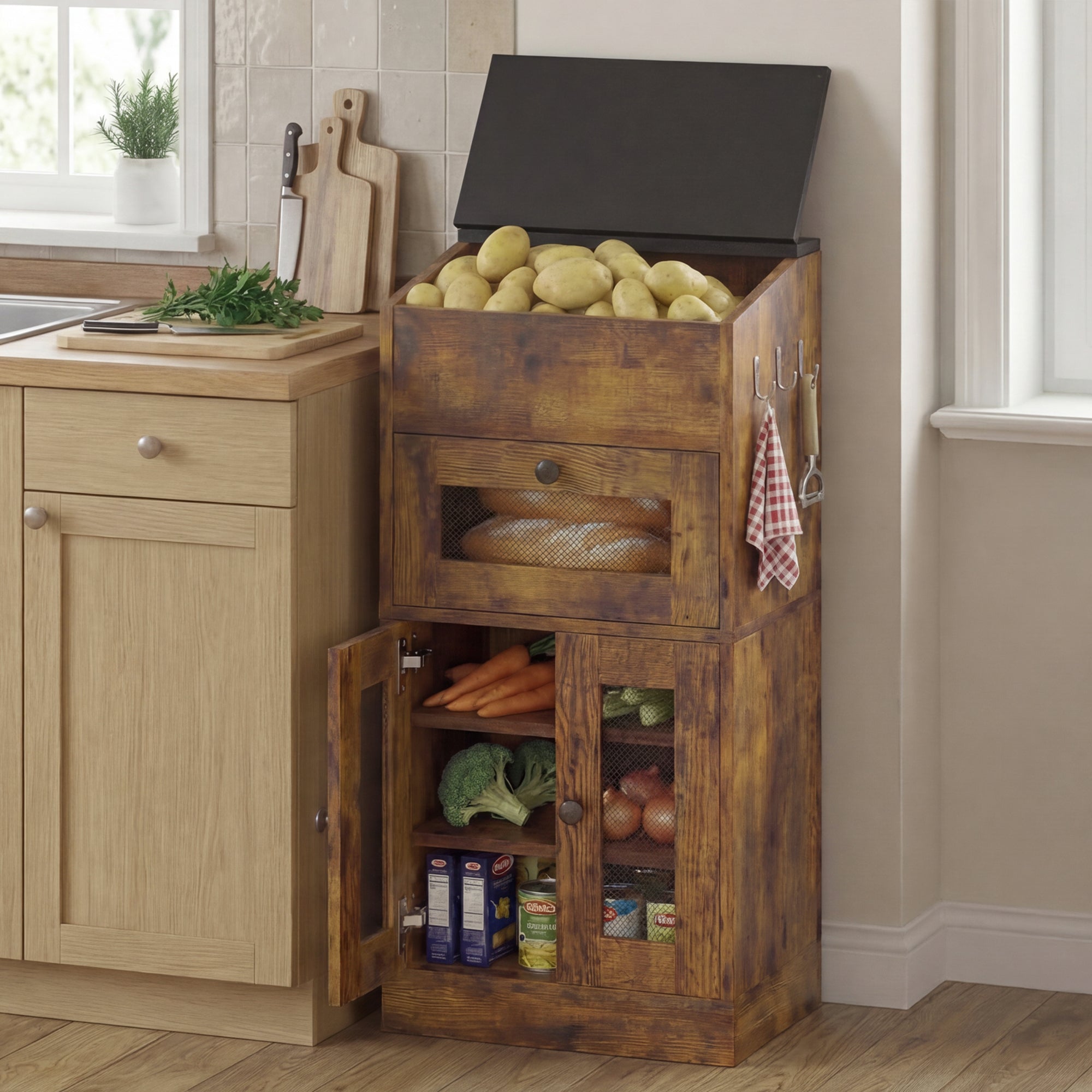 Advwin Multi-Compartment Wooden Fruit & Vegetable Cabinet