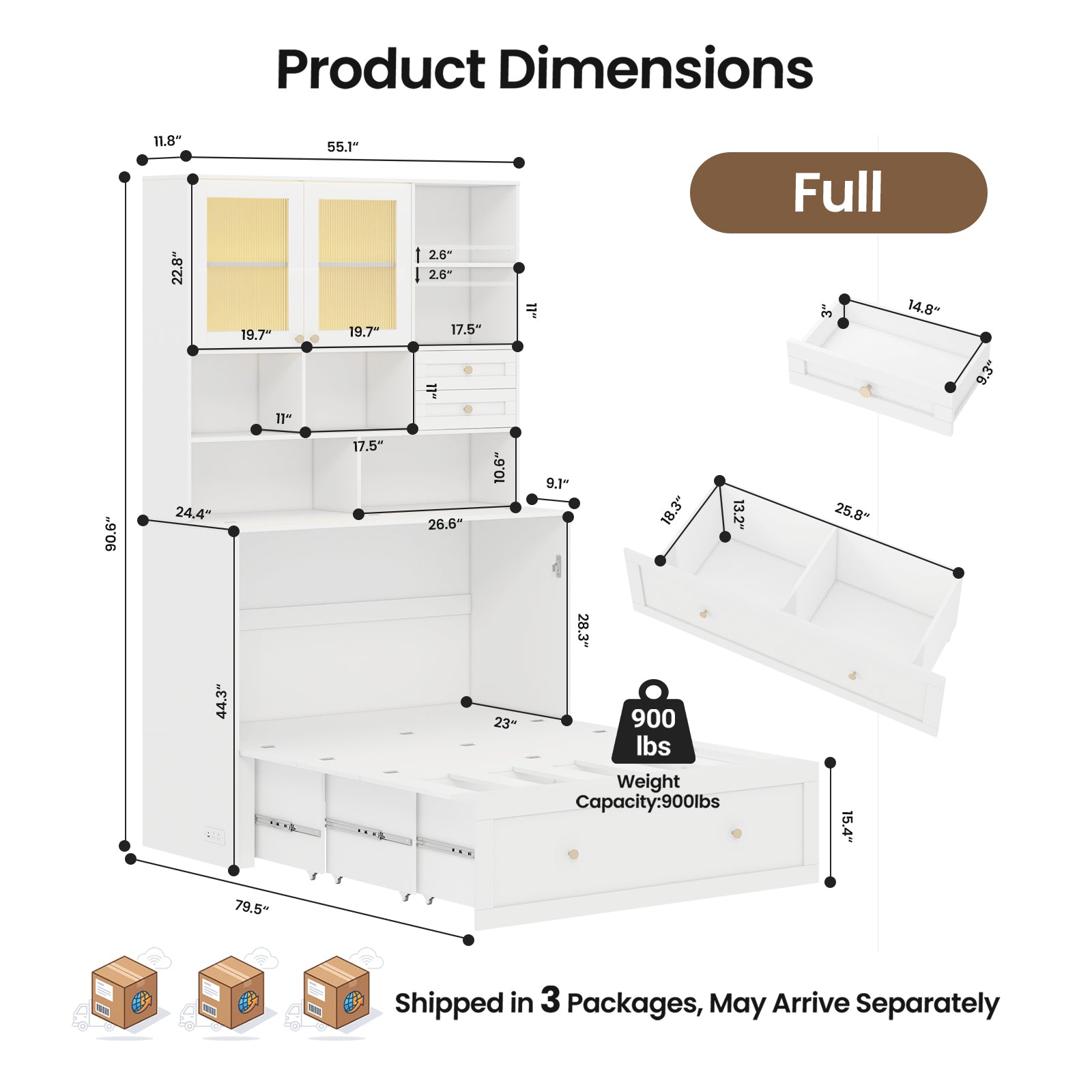 Advwin Murphy Bed w/ Large Storage & LED Light