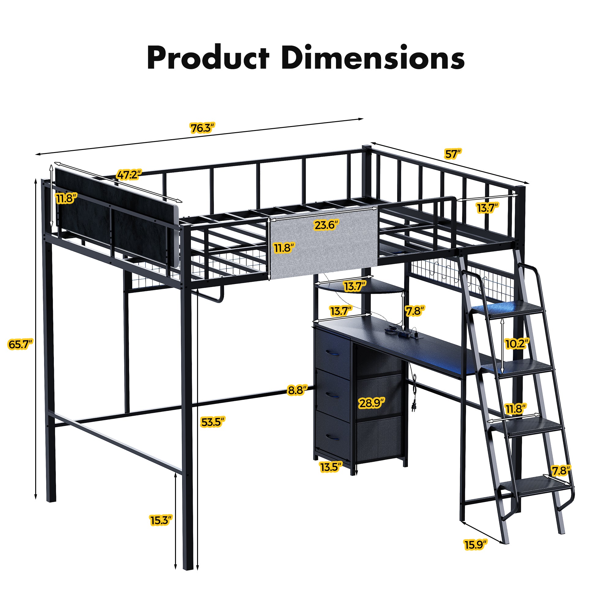 Black metal loft bed with desk and measurements on a white background