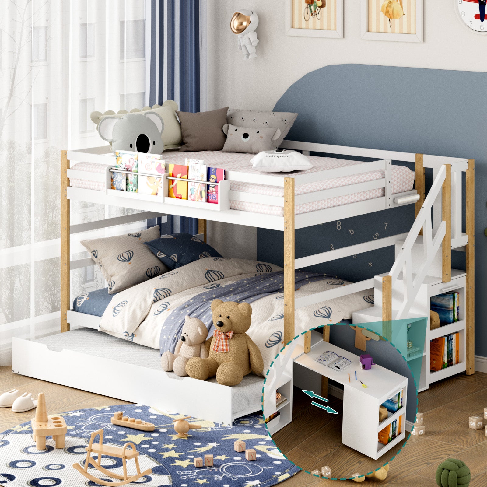Children's bedroom with a white bunk bed, toys, and a desk.