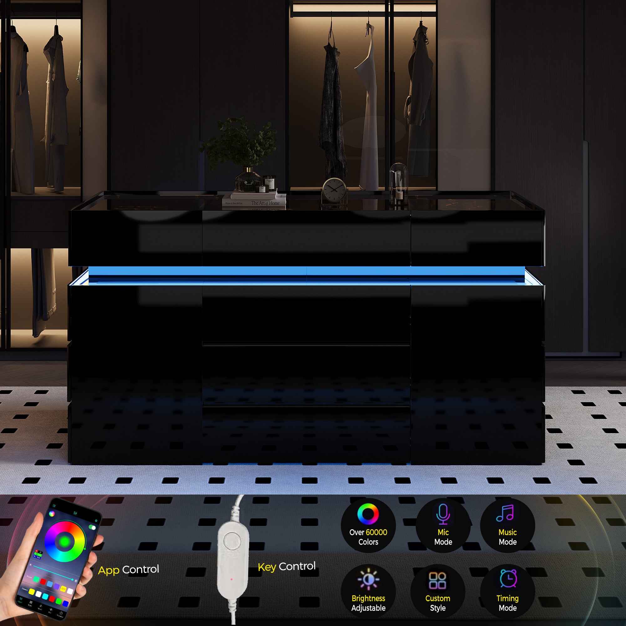 Modern bathroom vanity with black countertop and illuminated blue basin, app control shown on smartphone.