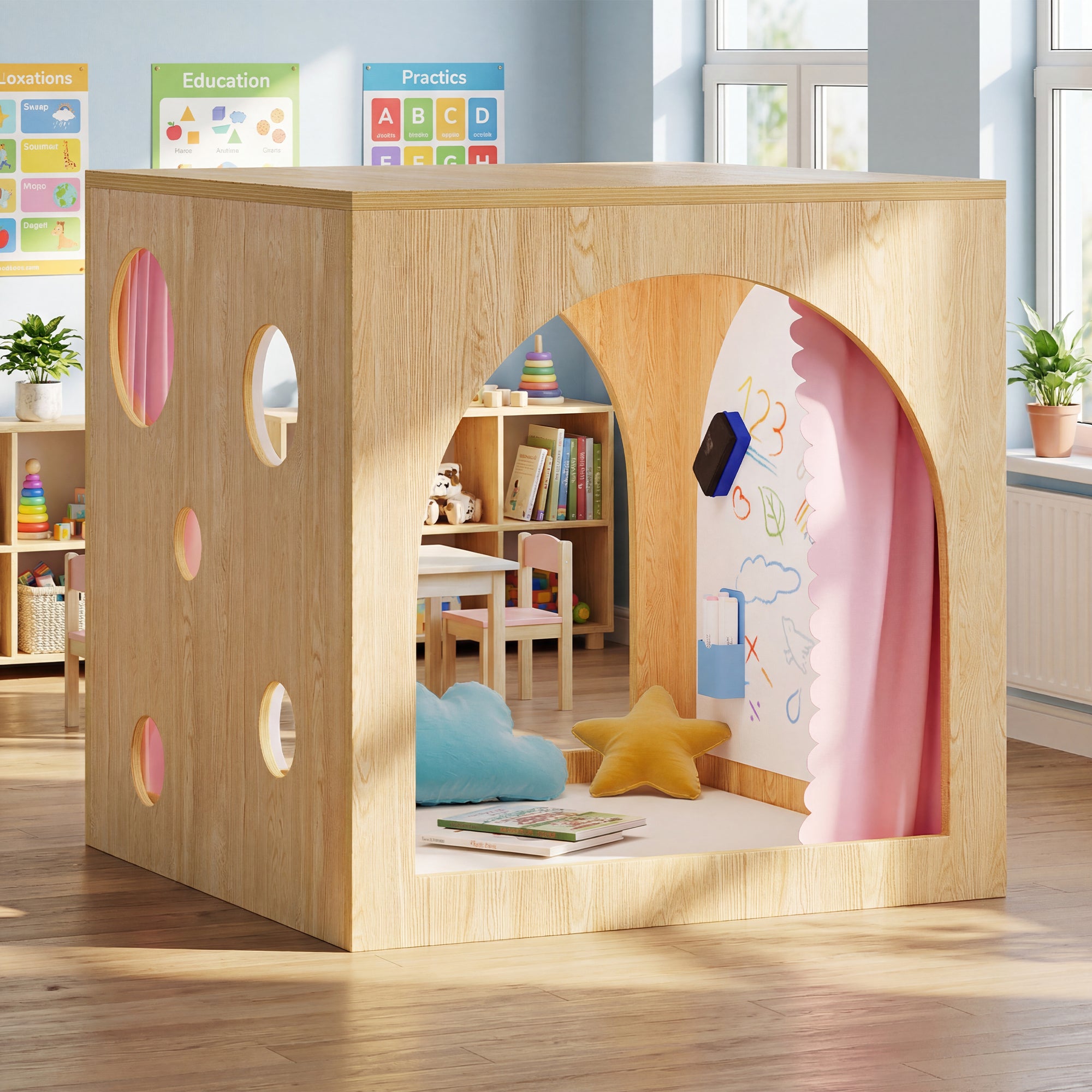 Wooden playhouse with colorful interior in a room with educational materials and books.