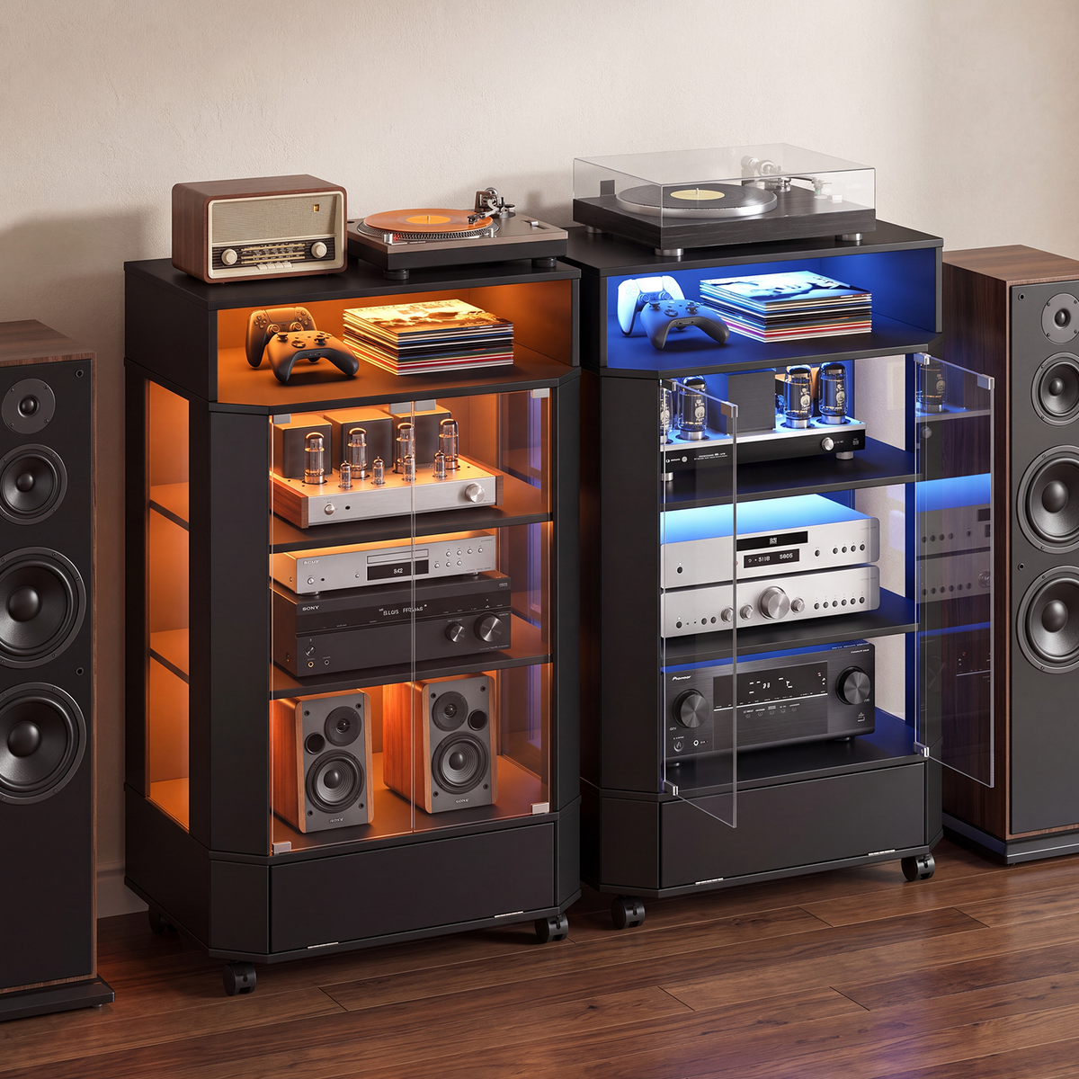 Advwin 6-Tier Media Cabinet with Tempered Glass Door
