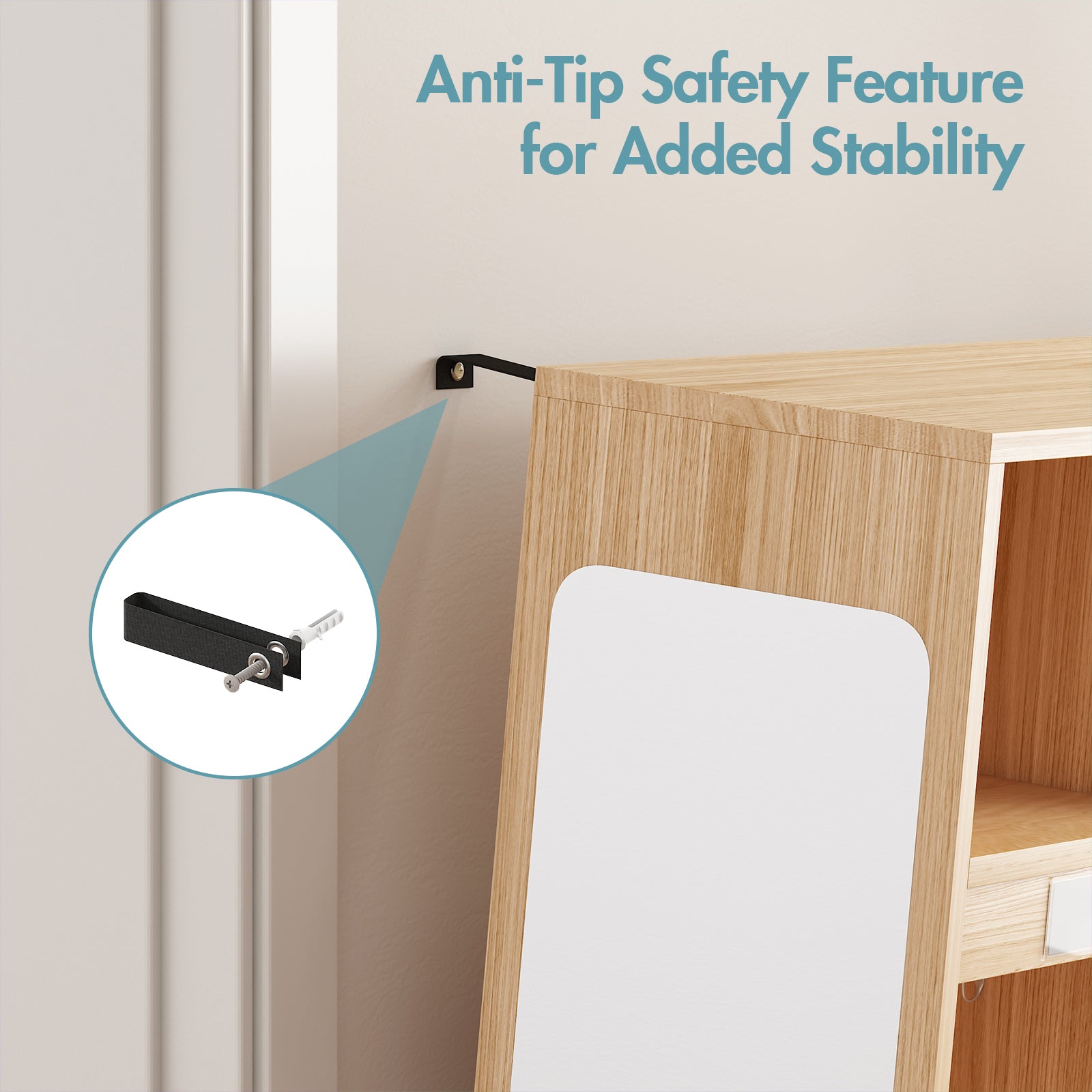 Wooden shelf with anti-tip safety feature attached, emphasizing stability.