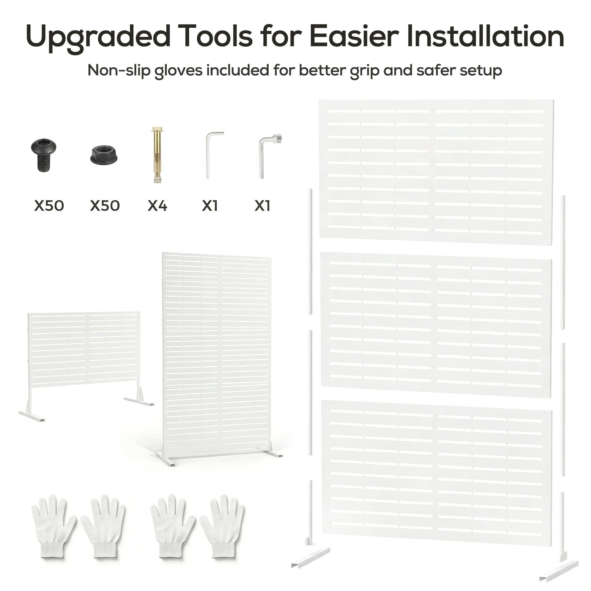 Room divider with installation tools and non-slip gloves on a white background
