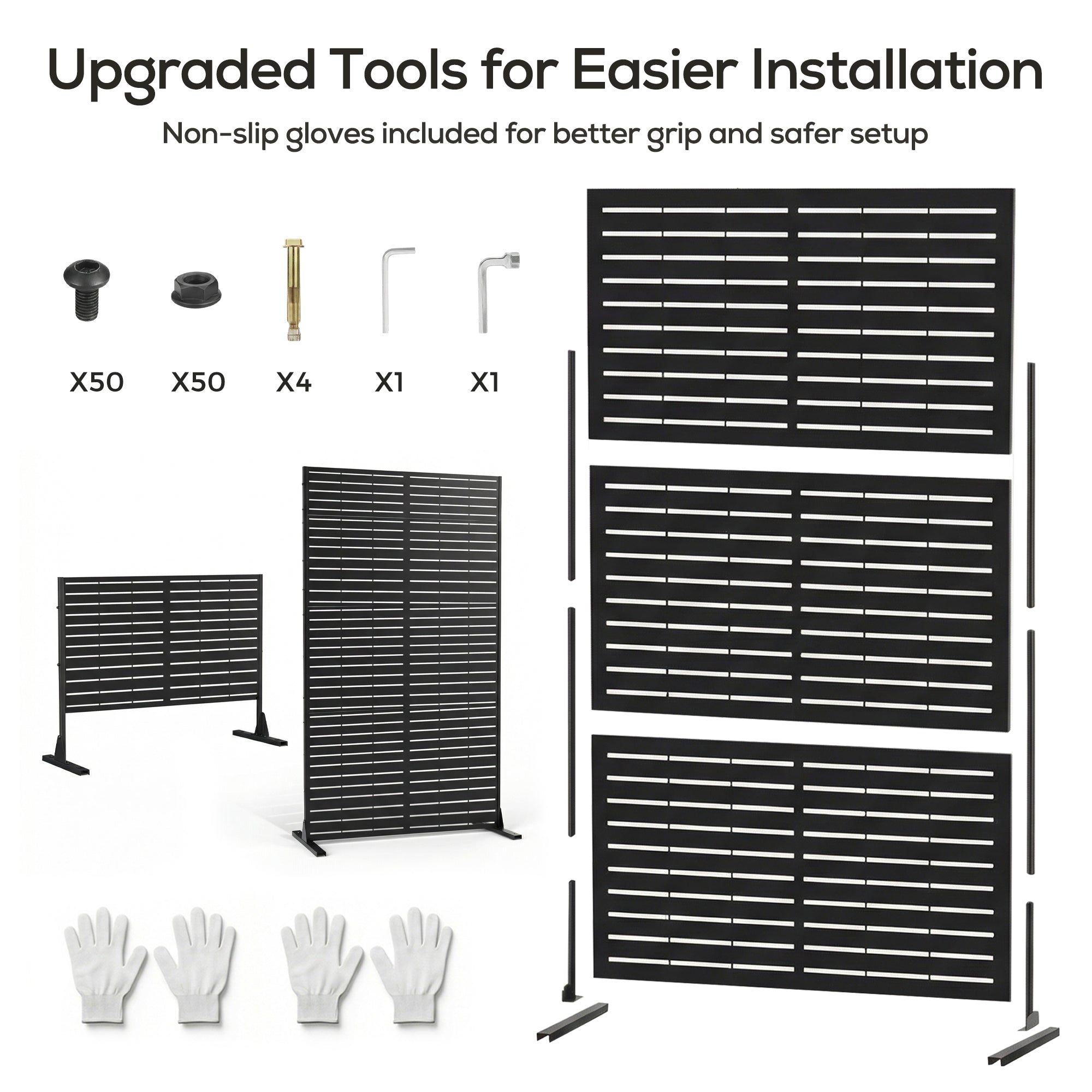 Set of metal grid panels with installation tools and non-slip gloves on a white background