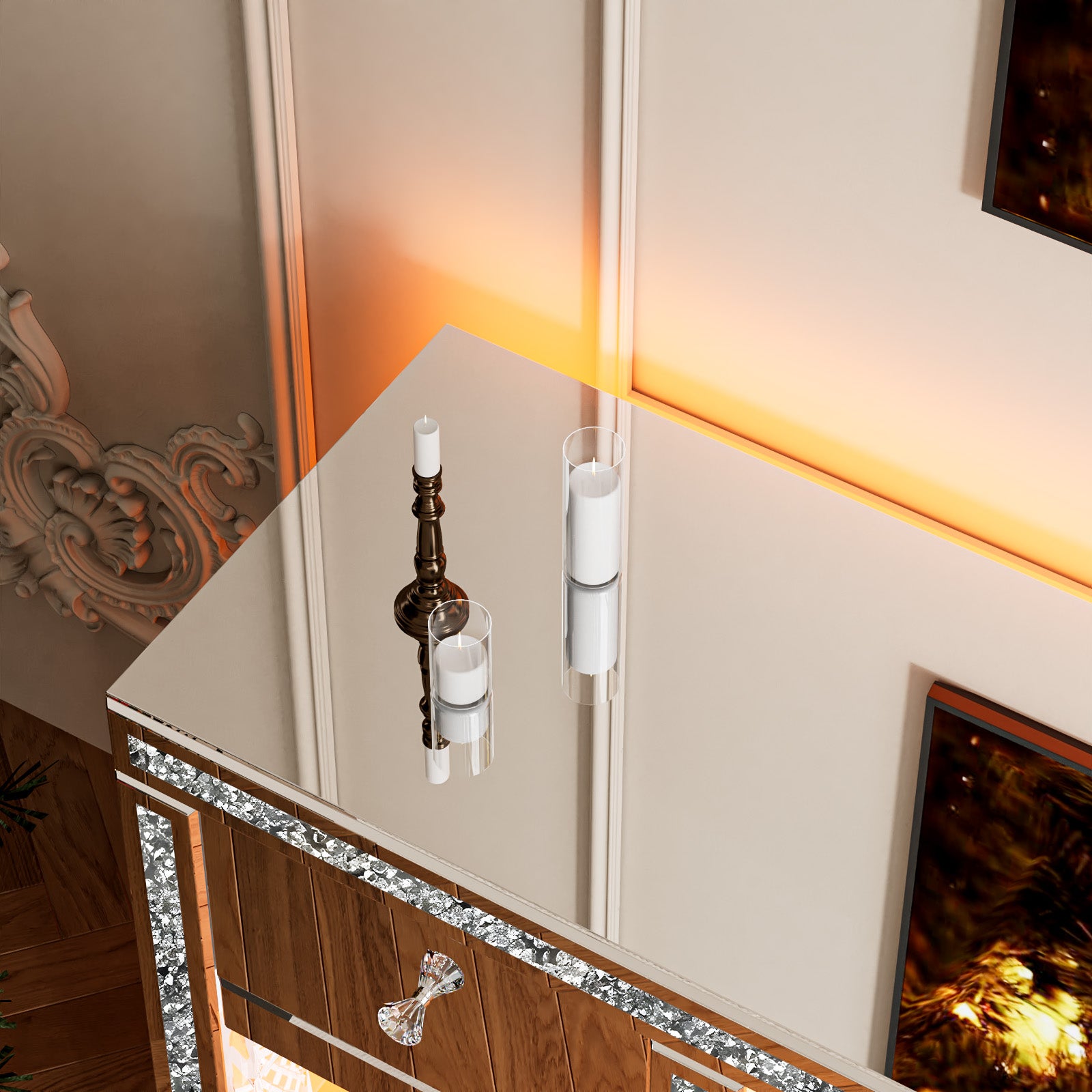 Advwin Mirrored TV Stand with Simulated Fireplace