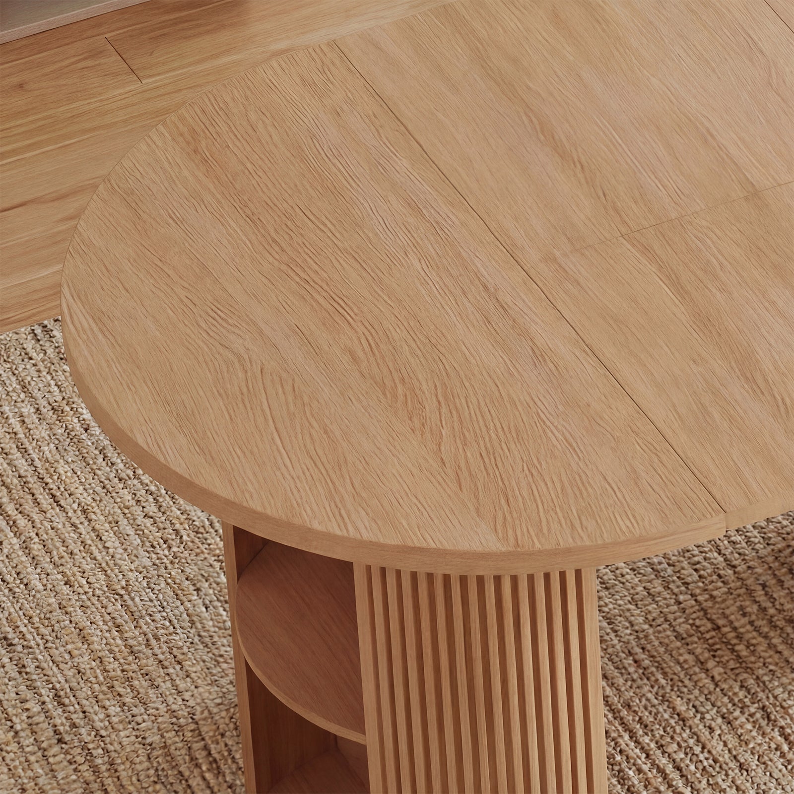 Wooden table with a textured surface on a carpeted floor