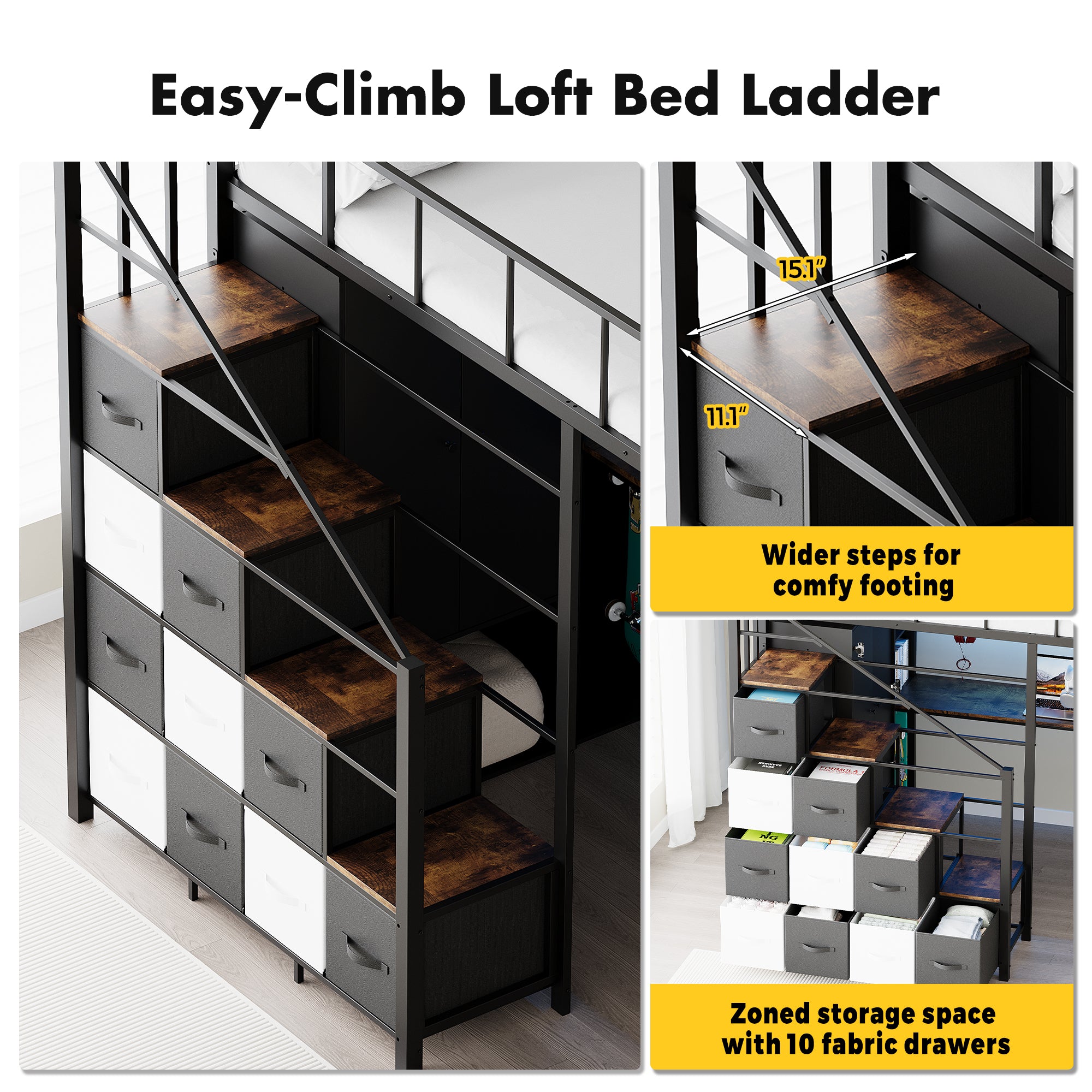 Advwin Space-Saving Loft Bed with LED Light & Drawers