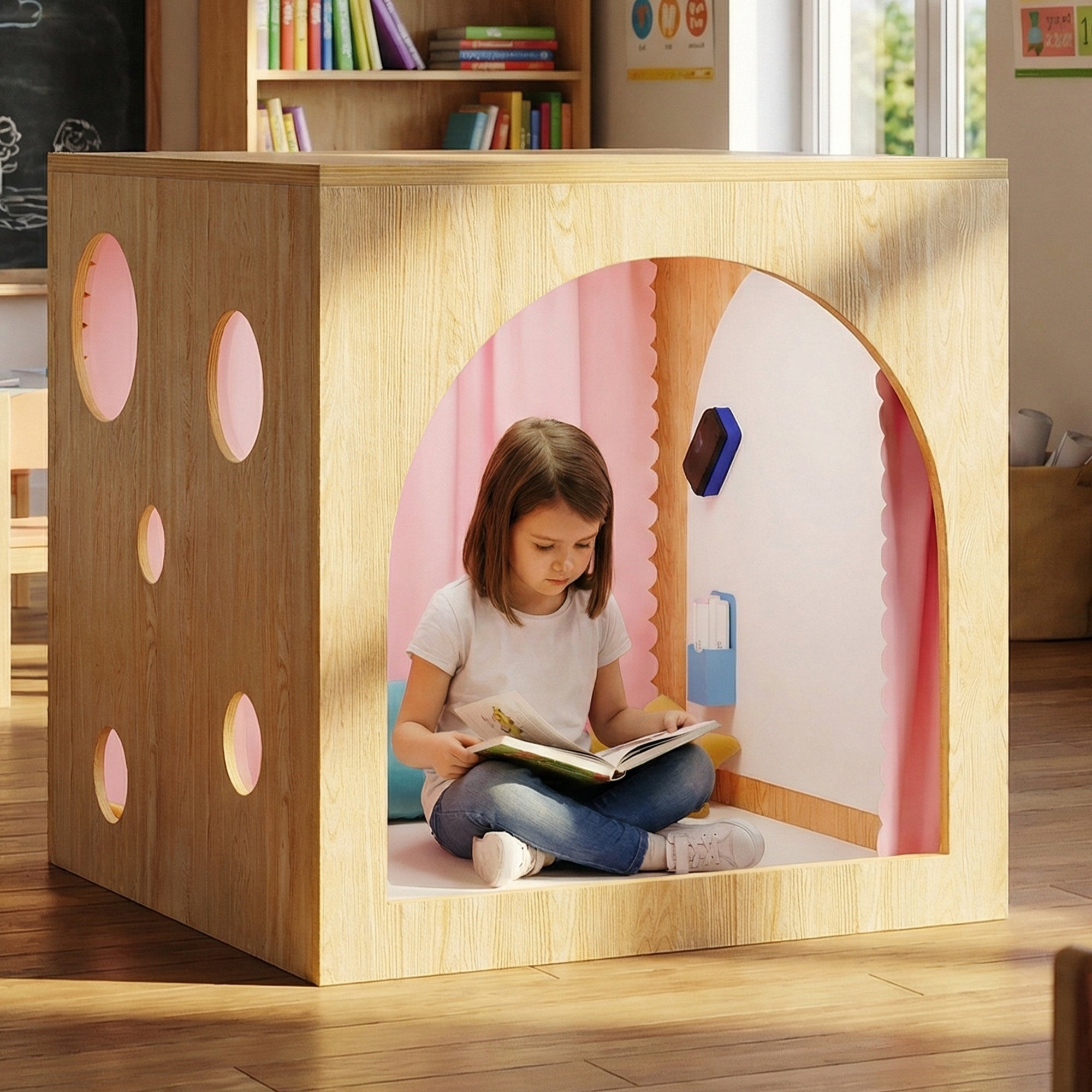 Child reading inside a wooden playhouse with colorful polka dots
